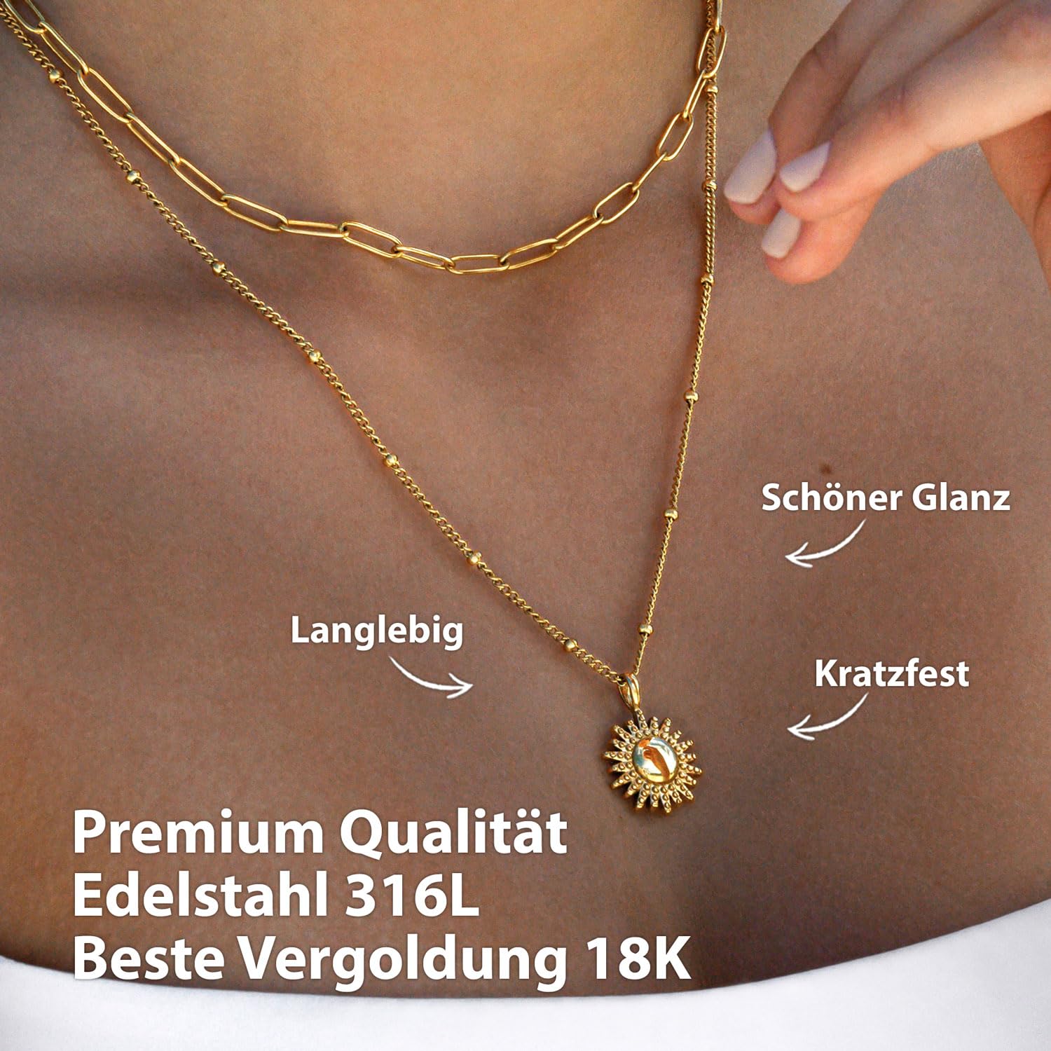 BONNYBIRD® Kette Sonne + Ohrringe Sonne Gold aus wasserfestem Edelstahl Damen BonnySun