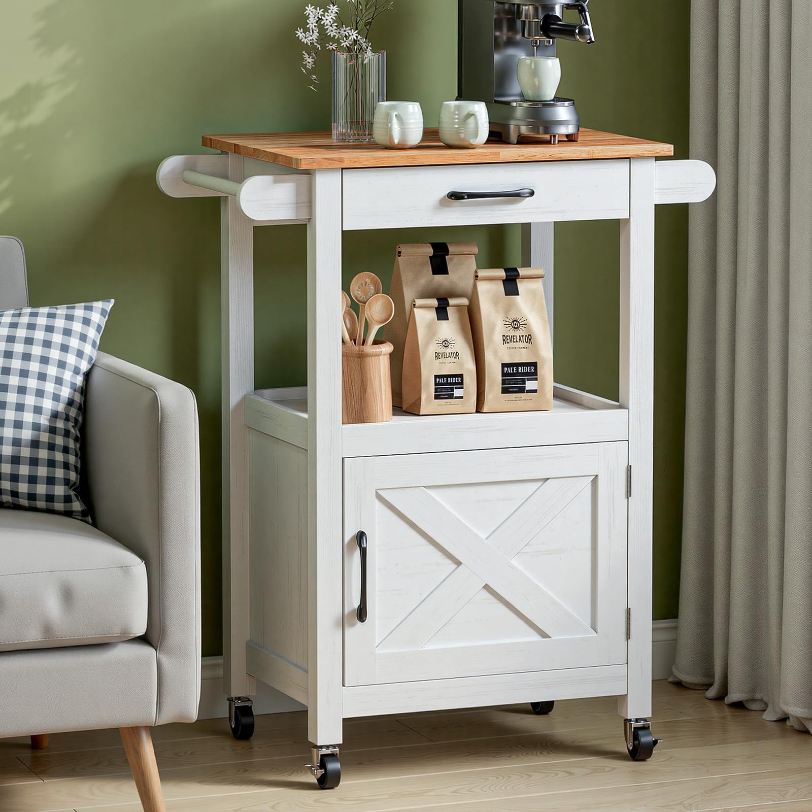 Bonnlo Carrello Cucina Mobile, Carrello Portaoggetti con Ruote, Cassetto e Armadietto, Piano di Lavoro in Legno, Bianco, Carrello Servizio per Sala da Pranzo, 74 x 63 x 89 cm