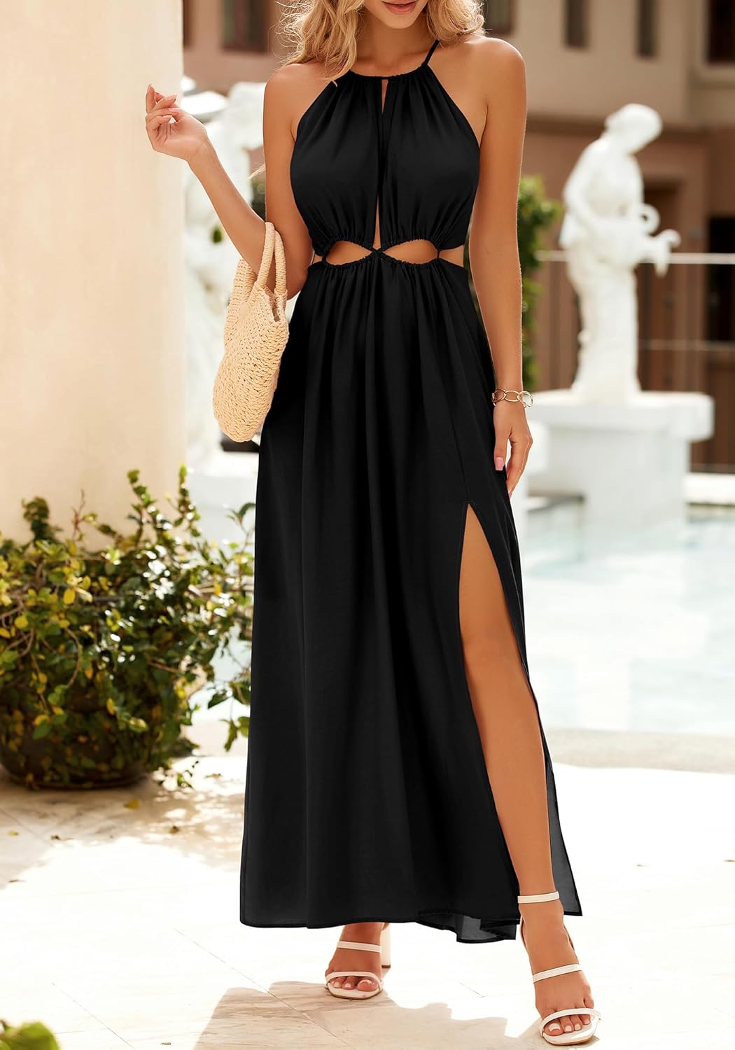 BTFBM Women Halter Summer Dresses 2026 Sleeveless Cutout Backless Sundress Slit Boho Maxi Beach Wedding Guest Dress - Image 2