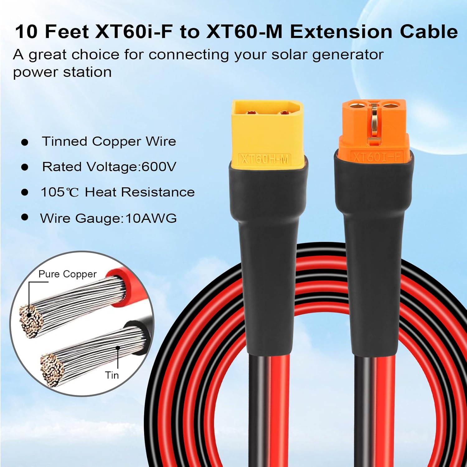MOOKEERF XT60i to XT60 Extension Cable 10AWG 10FT XT60i Female to XT60 Male Connector Cable for Portable Power Station Solar Panel