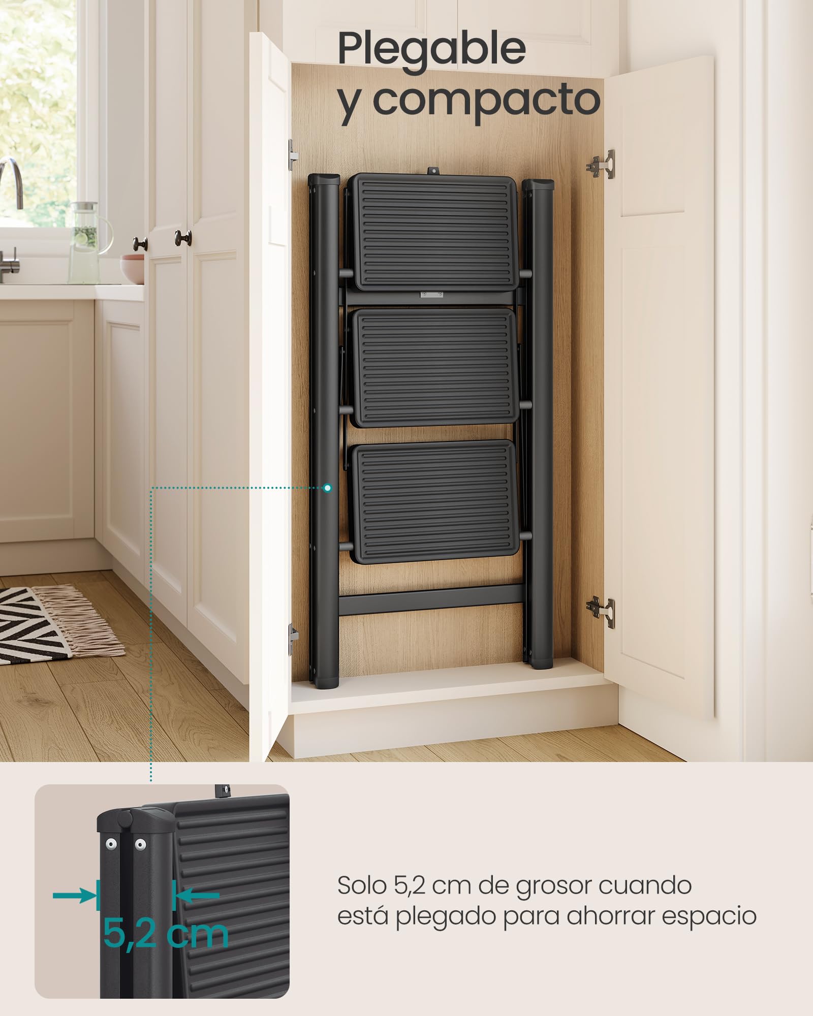 SONGMICS Escalera Plegable, Taburete Plegable de Acero, Escalera de 3 Peldaños, Carga hasta 150 kg, Fácil de Guardar, para Casa y Oficina, Negro, 73,5 x 43,4 x 85,5 cm GSL103BZ01