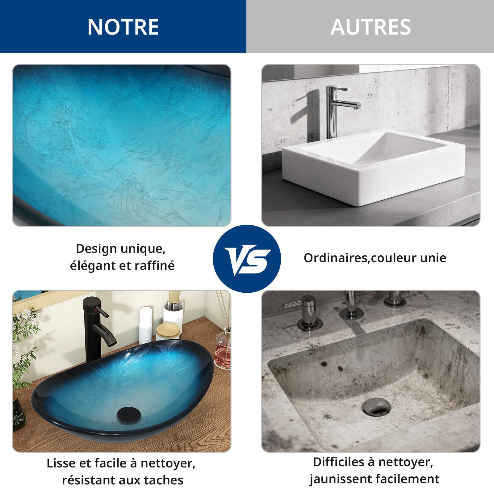 YU YUSING Ensemble Complet- Lavabo Ovale en Verre avec Robinet, Vasque à Poser, Lave-Mains, pour Salle de Bain, Cuisine, WC d'invités, Bleu Moderne, 53 x 35 x 16 cm