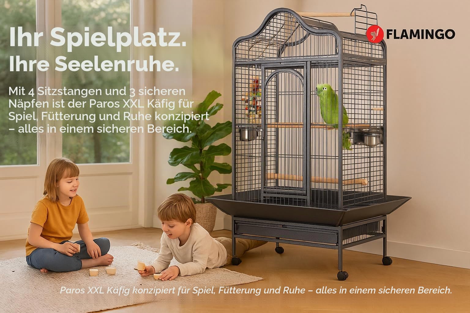 Flamingo Vogelkäfig – Voliere Vögel – Paros Antrazit – 125×92,5×173,5 cm – 4 Holzsitzstangen, 3 Näpfe, Sicherheitsfront, Dachöffnung, Metall-Schublade, Rollen