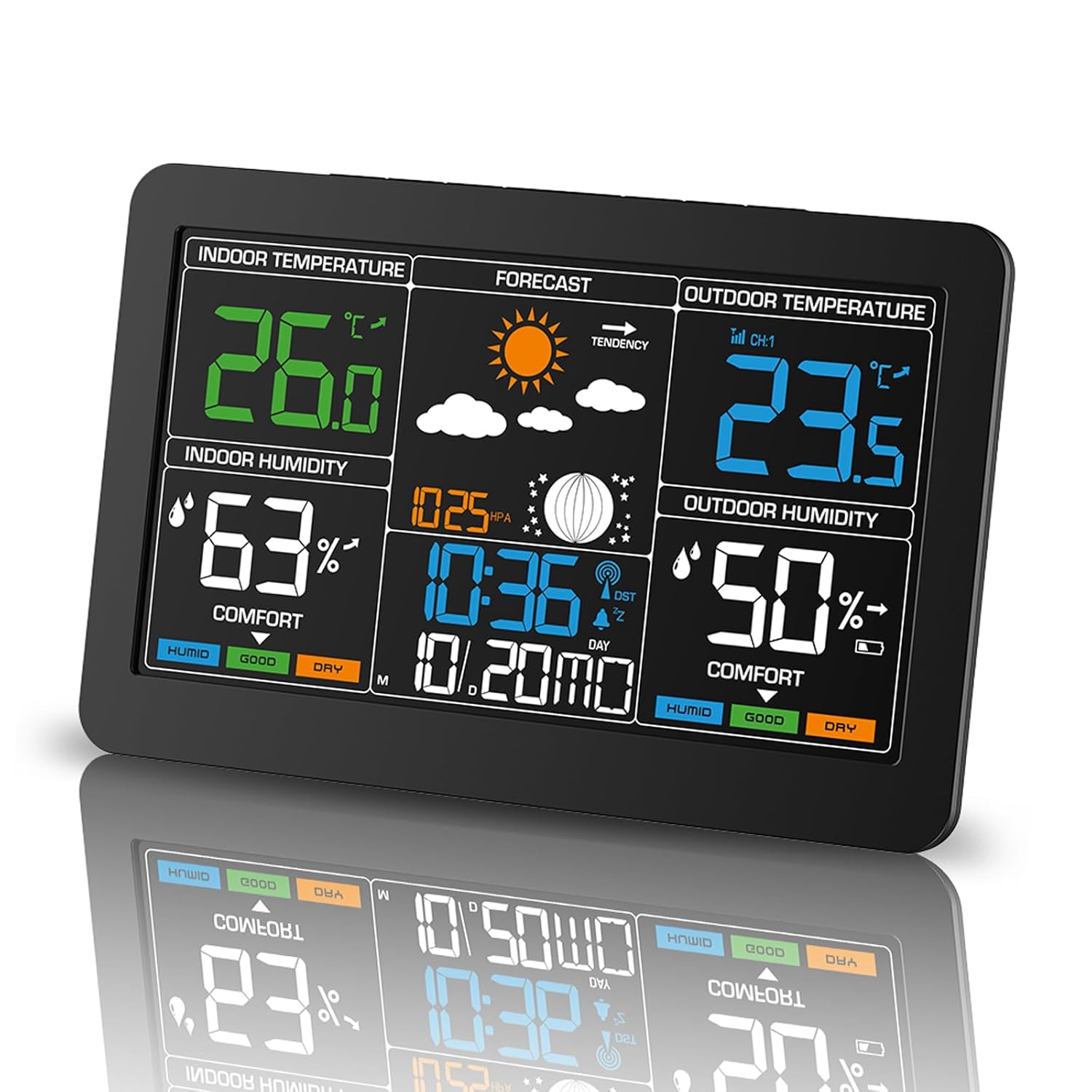 USB Wireless Weather Station, Indoor Outdoor Thermometer Hygrometer Clock with Forecast Moon Phase LCD Display Adjustable Backlight Alarm Snooze for Home, School, Office