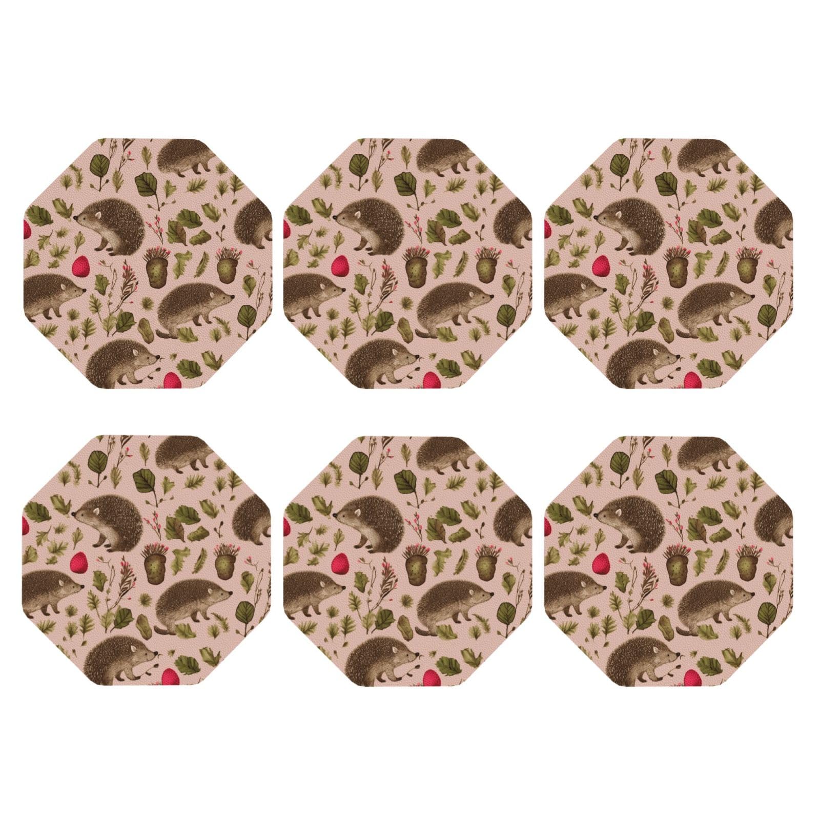 6pcs Leather Coasters for Drinks, Hedgehog Print Drink Coasters for Tabletop Protection, 4" Cup Coasters for Coffee Table Decor, Non-Slip Drinking Cup Mat for Hot Or Cold Drink