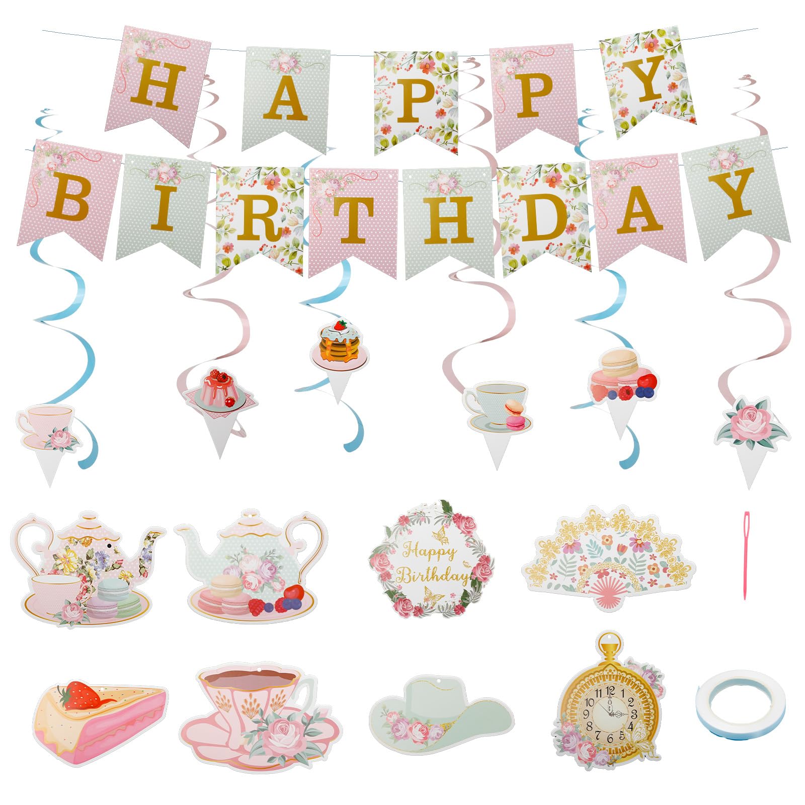 Floral Tea Party Decorations - Happy Birthday Banner, Hanging Swirls, Cards, Cupcake and Cake Toppers for Girls Spring Summer Flower Theme Party