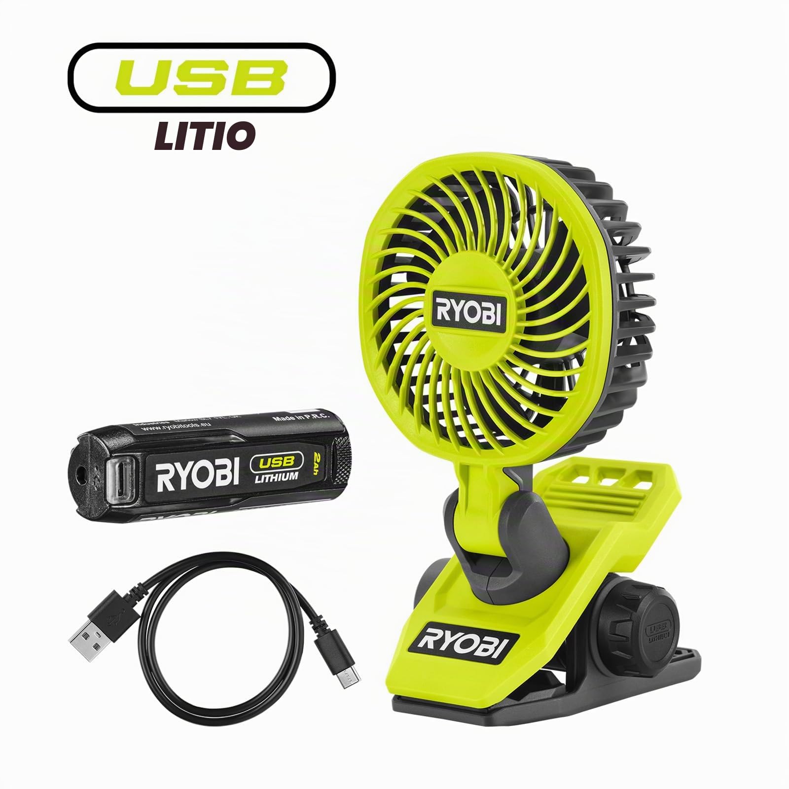 RYOBI RCF4-120G, Ventilatore Portatile a Pinza, Girevole a 180° e Rotante a 360°, Silenzioso, per Superfici Fino a 32mm, Ø 9cm, 1 Batteria da 2,0Ah Inclusa Ricaricabile con USB-C