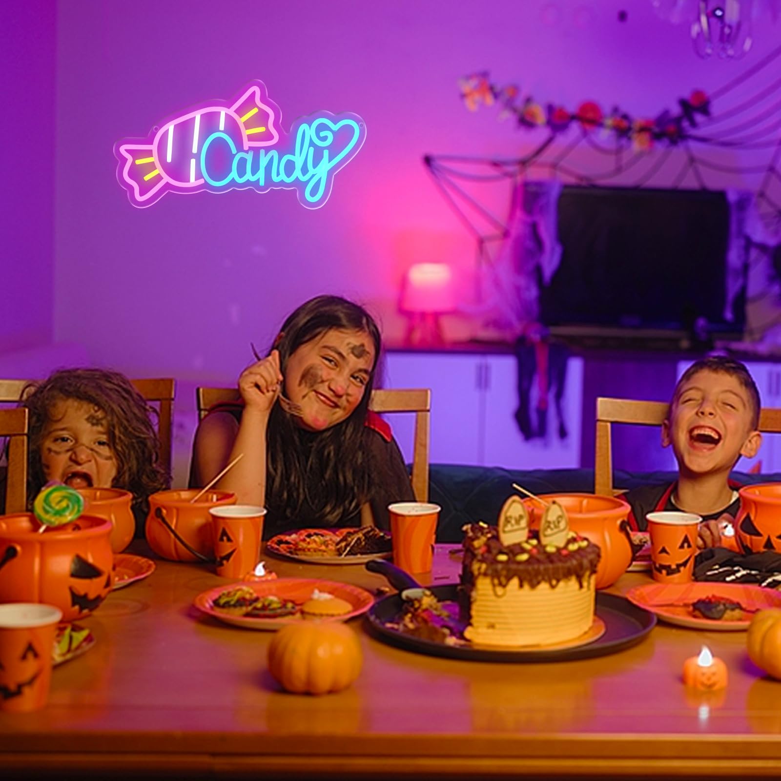 Panneau Néon Candy Enseigne Lumineuse LED pour Décoration Halloween Bar Café Restaurant