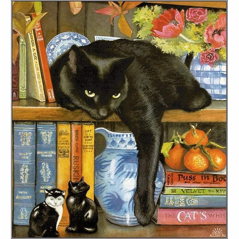 Awesocrafts Kit Pittura A Mosaico 5D Fai Da Te: Gatto Nero Su Luna Con Albero E Fiori - Tela 30x40 Cm