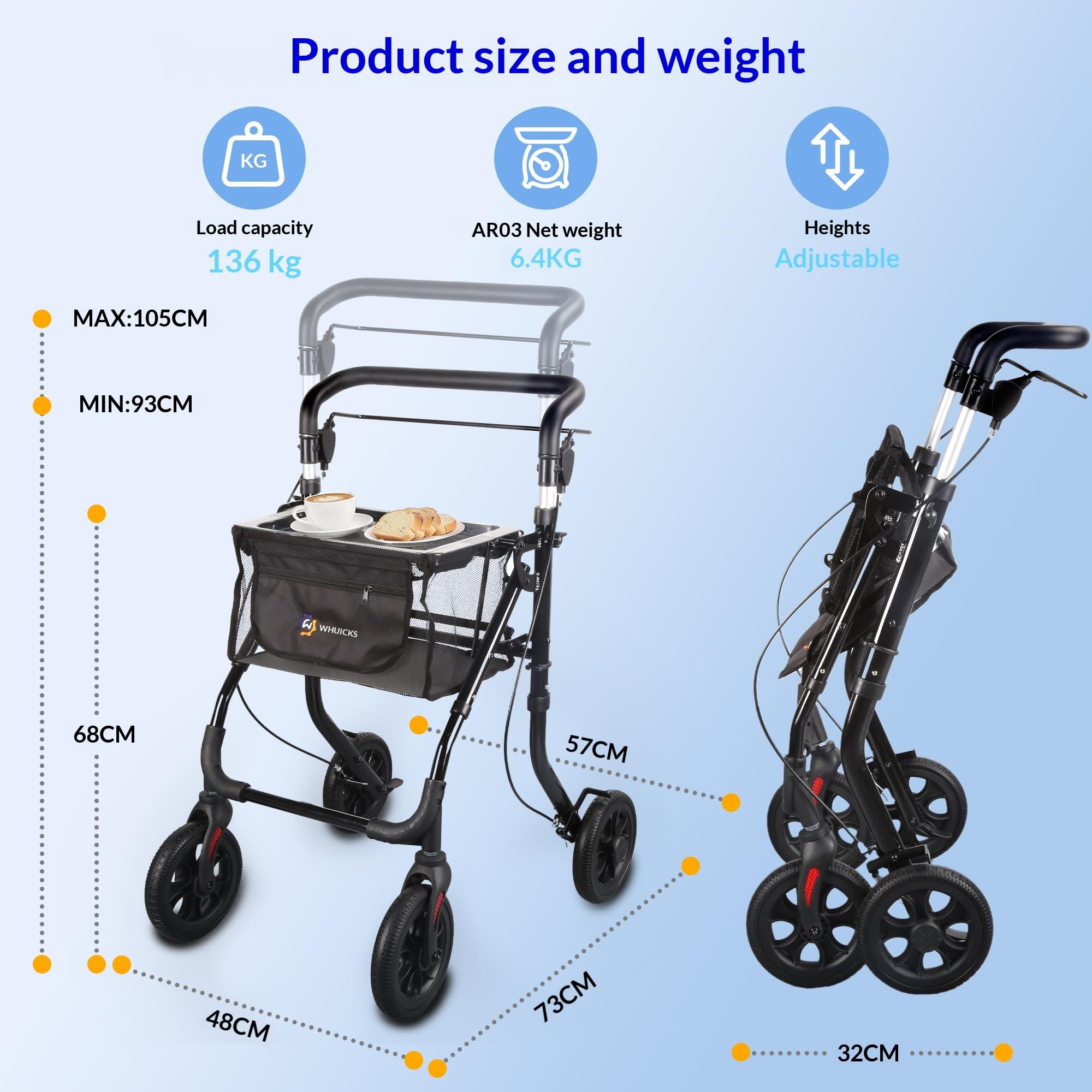 Andador compacto para interior, plegable y ligero con bandeja, auxiliar de movilidad para adultos mayores en aluminio, con cesta, maniobrable para hogar