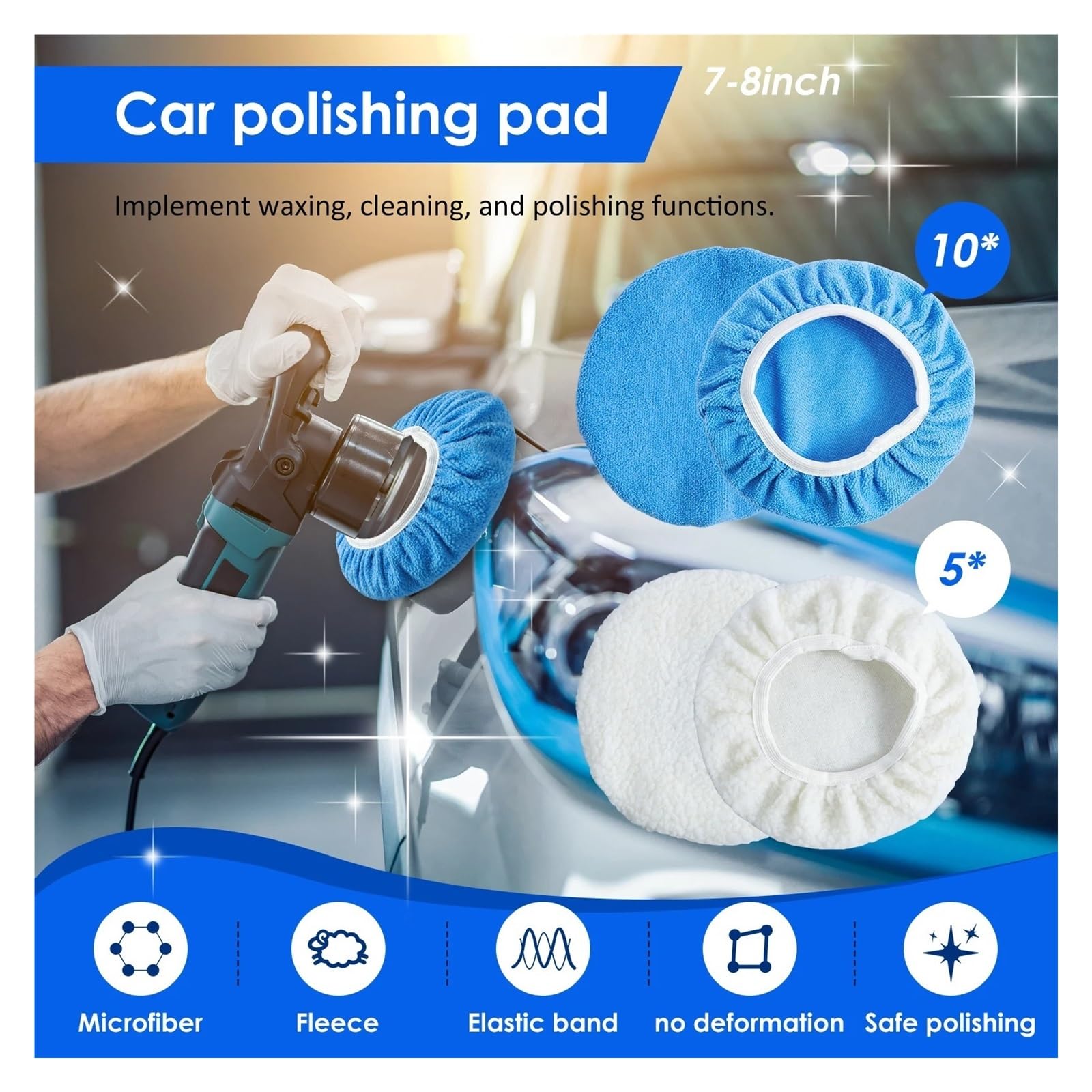 Polierpads 15 Stück Auto-Polierpad für Poliermaschine | Bonnet 7–8 Zoll 9–10 wiederverwendbarer Polierbezug mit Mikrofaser-Wachspads