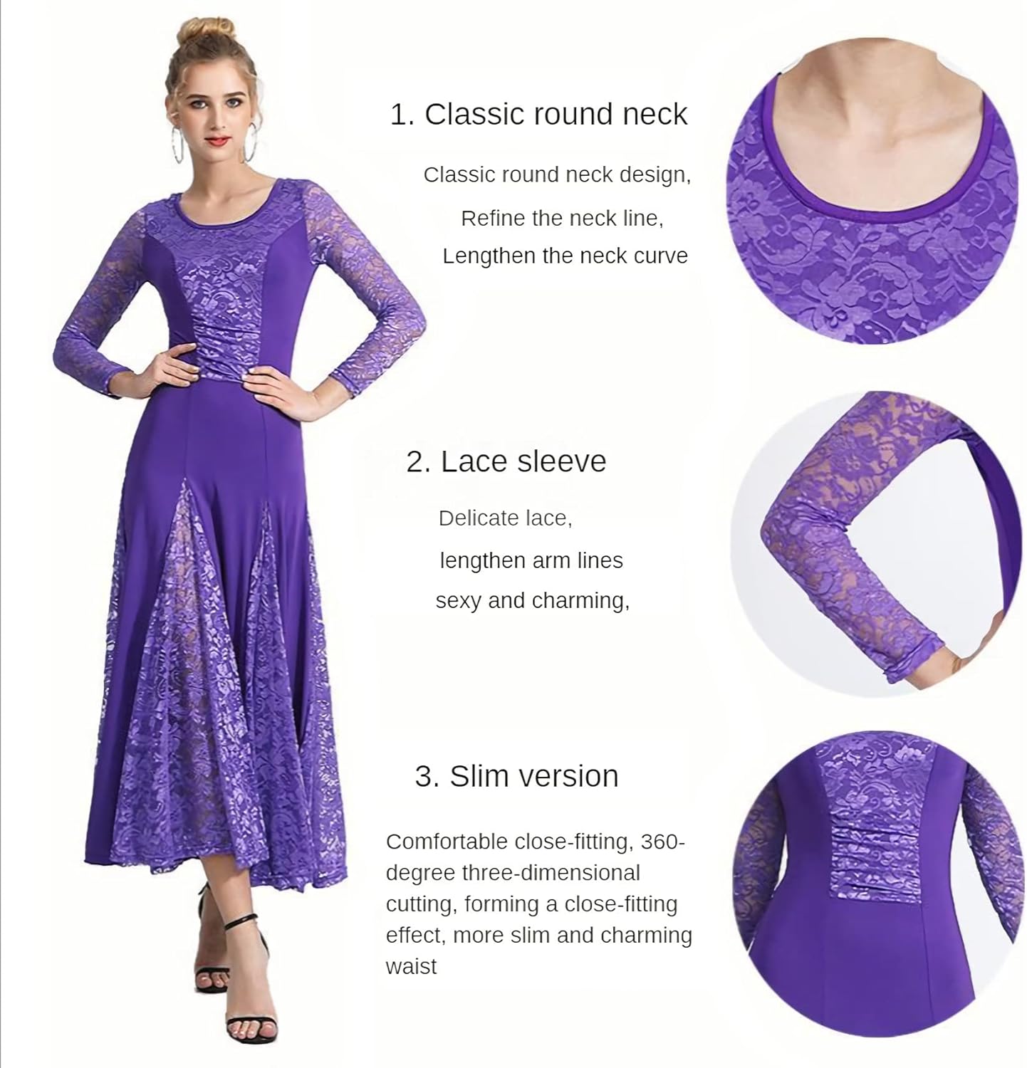 Elegant Lace Ballroom Dance Dress - Long Skirt, Modern Swing Dress, Competition Costume