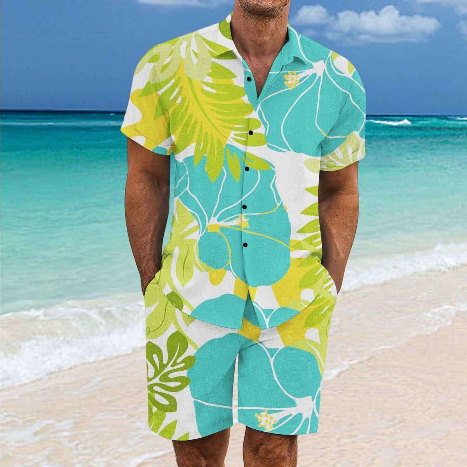 Tuta Completo Uomo da Viaggio Estivo 2 Pezzi - Set Camicia e Short Hawaiano Stampa Abbigliamento Leggero Tuta Sportivo Estiva Elegante Traspirante per Vacanze e Tempo