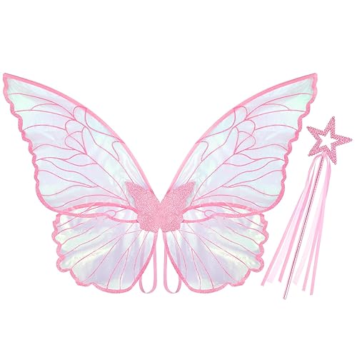 VEKDA Fairy Wings Adult Girls Butterfly Wings Costume Halloween Butterfly Costume for Girls with Fairy Wand - A-pink