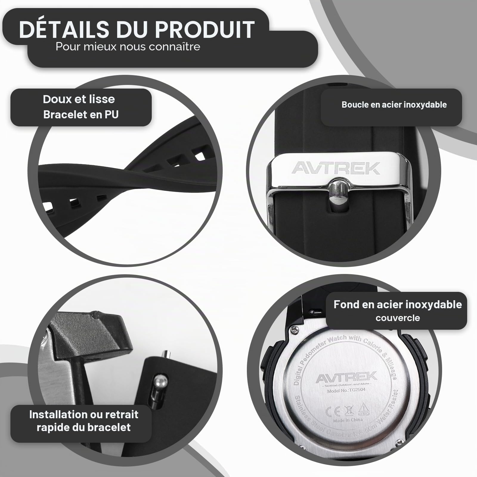 AVTREK Montre podomètre étanche pour la marche, pas d'application/Bluetooth nécessaire, traqueur de fitness avec écran LCD, grands chiffres, kilomètres et calories