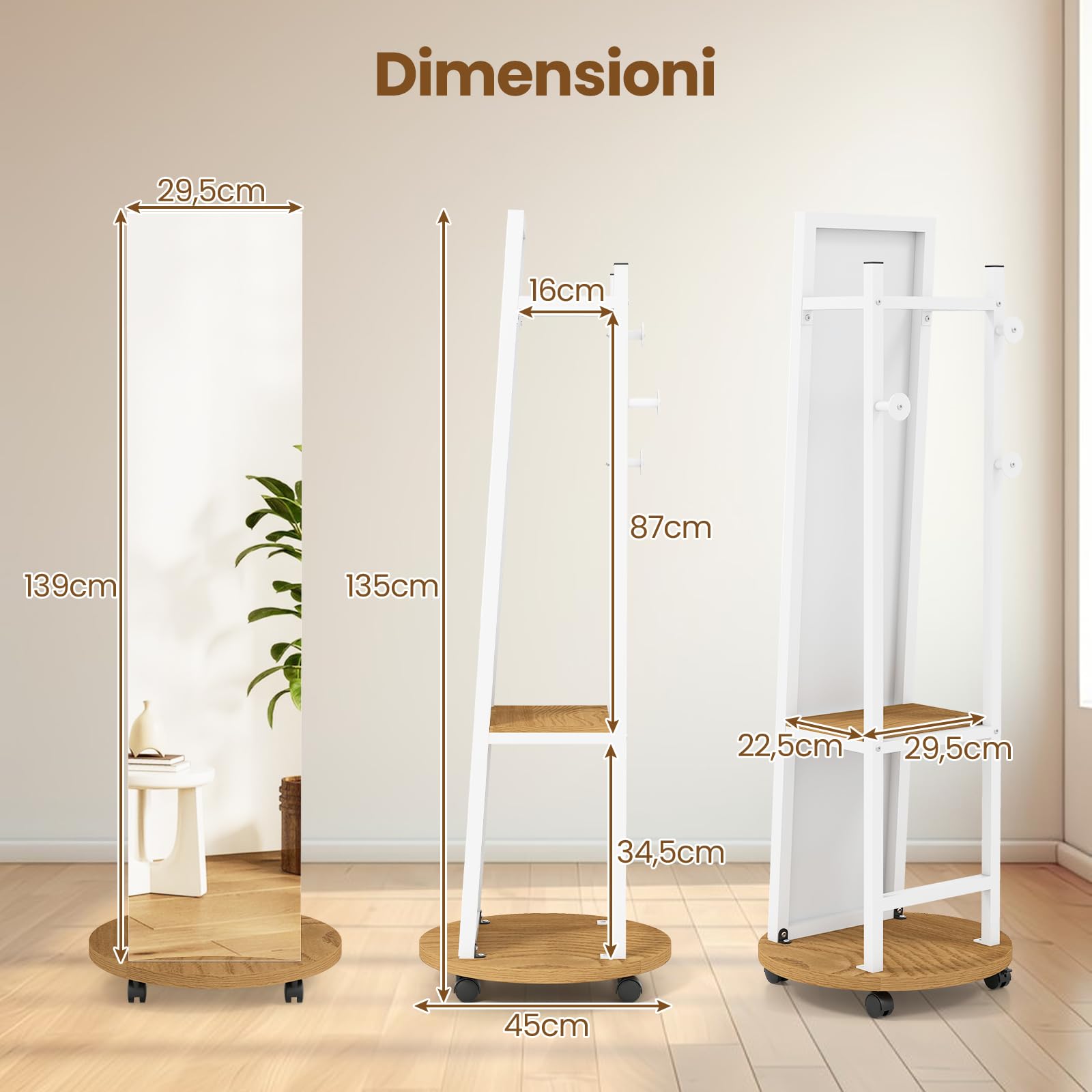 COSTWAY Appendiabiti con Specchio a Figura Intera, Appendiabiti Autoportante con 3 Ganci e Ripiani per Stoccaggio, Specchio da Terra con Ruote per Camera da Letto e Ingresso (Naturale)