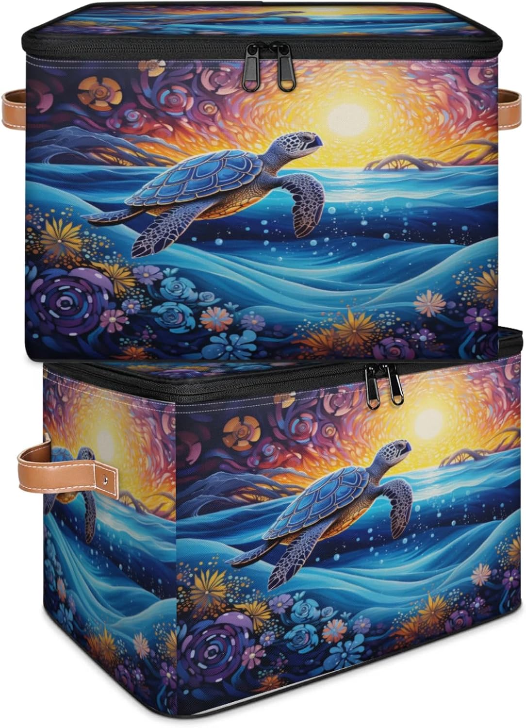 Storage Bin Set of 2 Sea Turtle Floral Storage Basket with Zipper Lid & Handle Foldable Closet Shelf 2 Pack Cloth Organizer Basket Cube Bins Clothes Organizer for Nursery, Bedroom