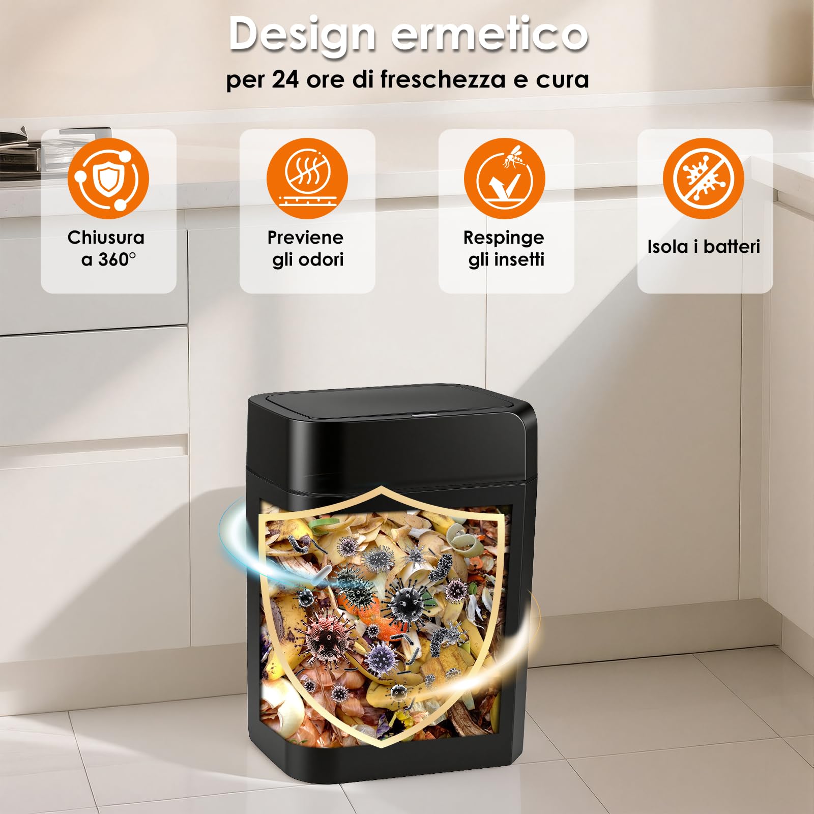 Pattumiera con sensore, 16 l, automatica, touchless, con sensore di mano e ginocchia, risposta rapida, silenziosa, facile da pulire, ideale per bagno, camera da letto, cucina, soggiorno (nero)