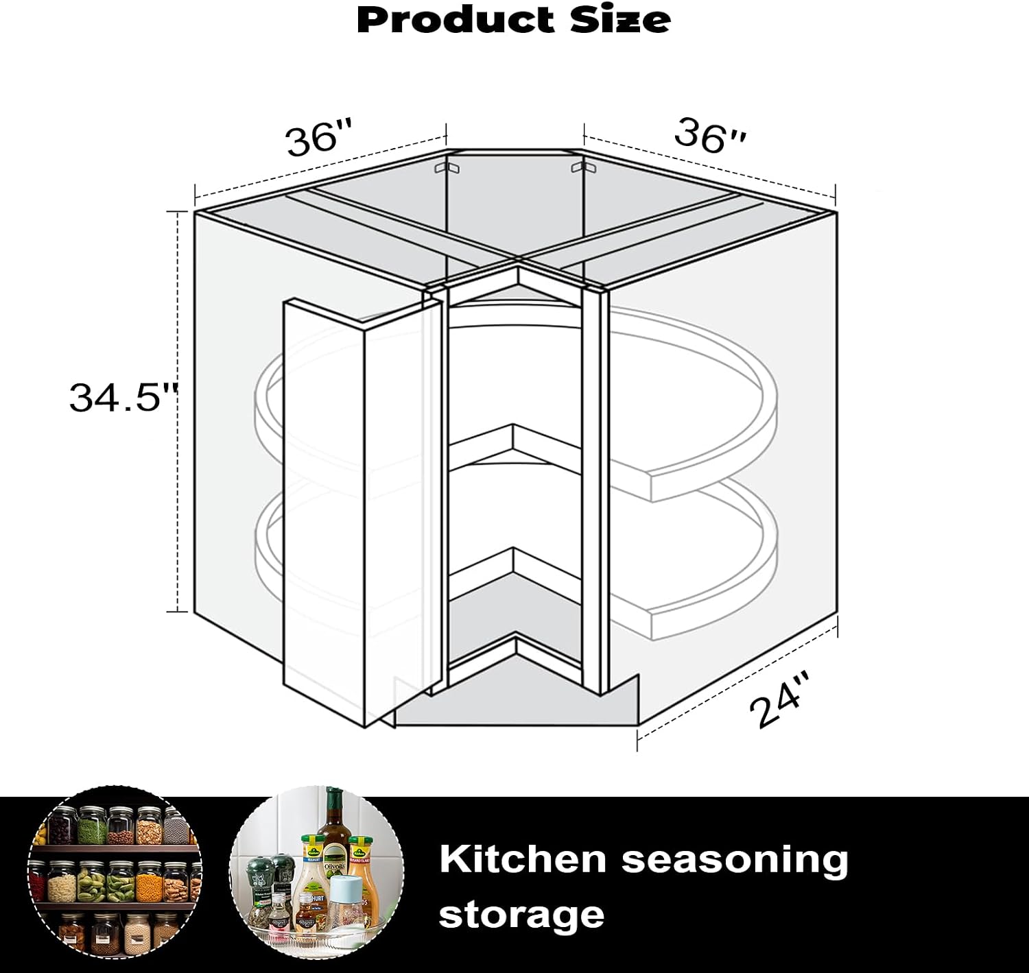 Kitchen Cabinet Base Cabinet, 36" Corner Cabinet Lazy Susan, 2 Rotating Trays, 2 Doors Bi-fold, Dark Blue Gray Shaker, Paint, RTA, Unassembled (Graphite Shaker, 24" D X 34.5" H X 36" W)