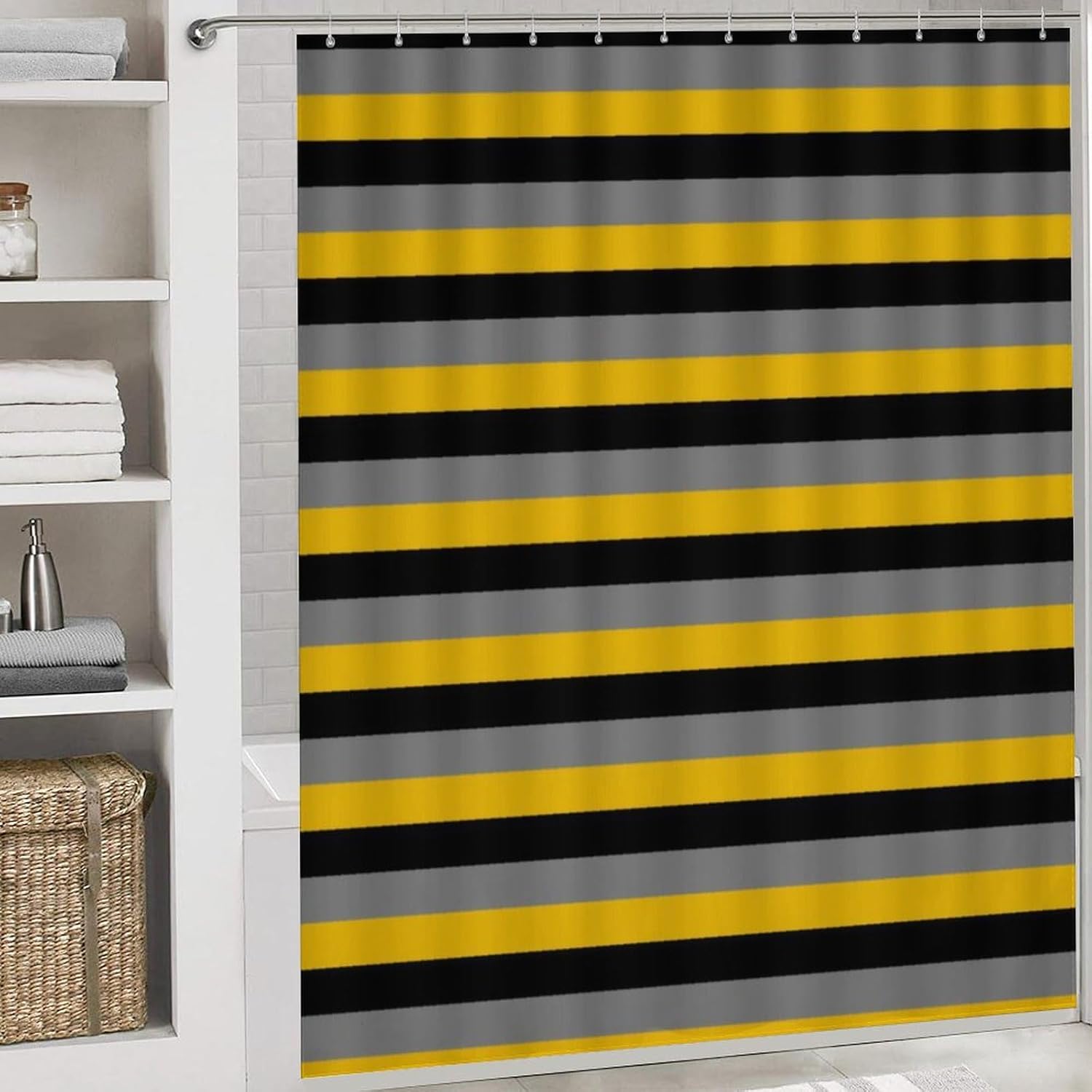 4点ブラック、チャコールグレー、ゴールドストライプシャワーカーテンセット、滑り止めバスマット付きバスルームセット装飾、トイレの蓋ラグ
