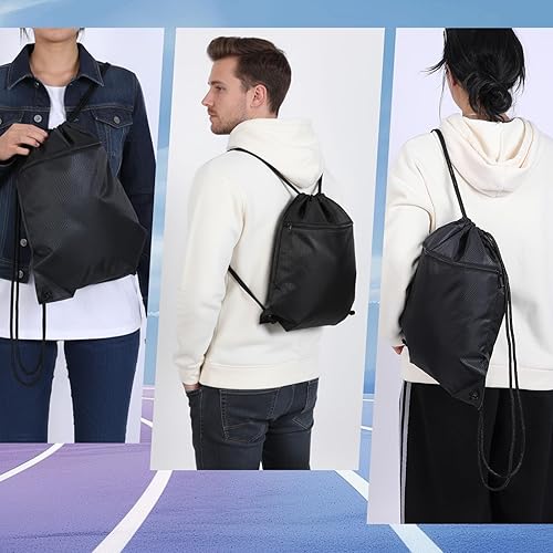 Miniatura 6 de Black Drawstring Backpack Bag Draw String Back Bag for Men Women, Lightweight Cinch Sack Sport Gym Backpack Bags for Beach Travel Yoga Swimming