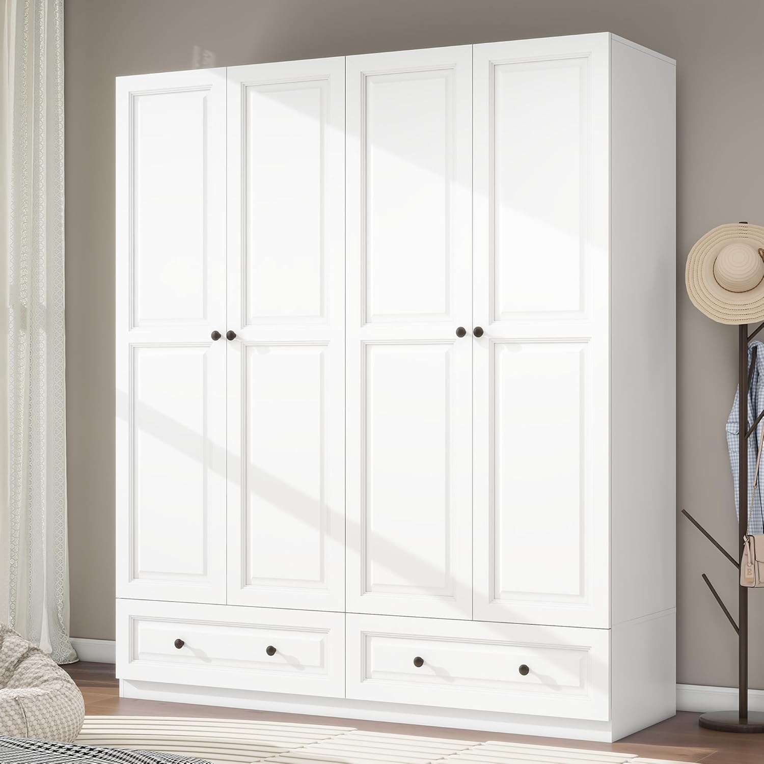 Armoire Wardrobe Closet with Drawers: 63" White Wardrobe Closet with 4 Doors and 2 Drawers, Wood Clothes Armoire with Hanging Rod, Clothing Storage Cabinet for Bedroom
