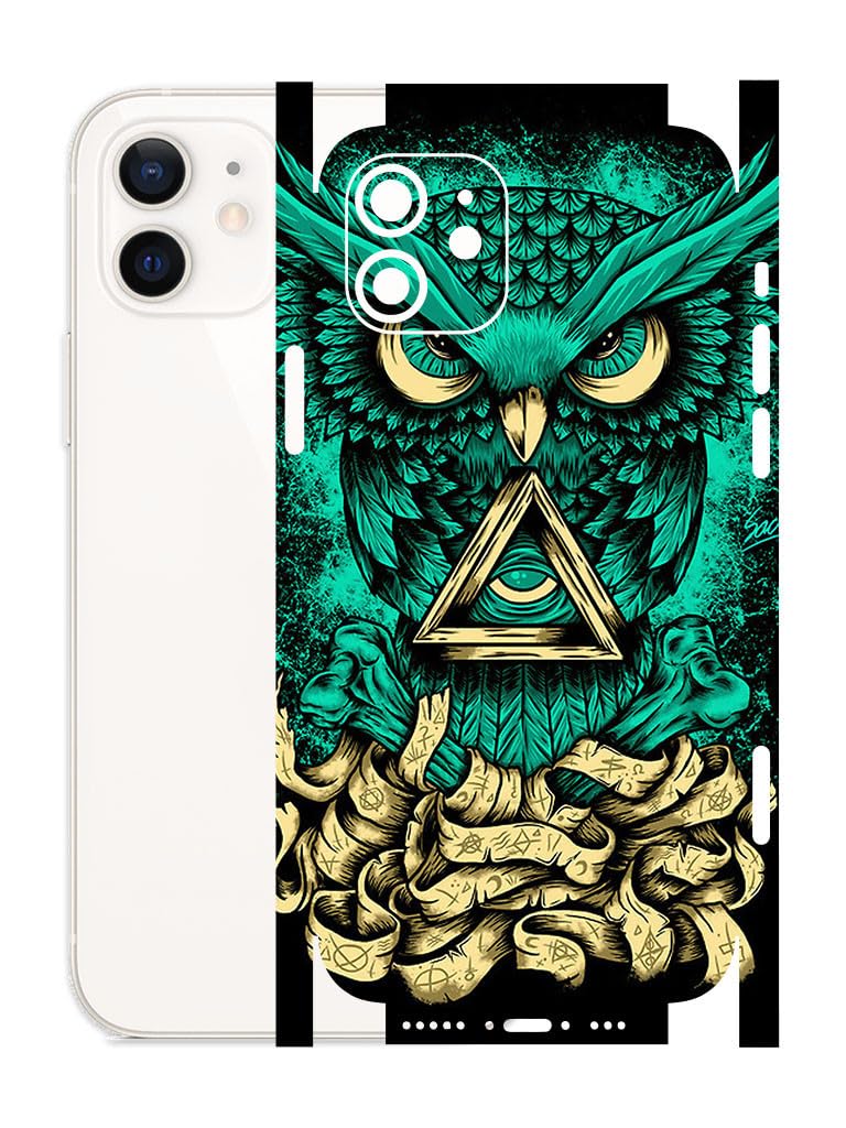 AtOdds - Compatible for iPhone 12 - Mobile Back Skin Sticker - Lamination - Rear Screen Guard Protector Film Wrap (Coverage - Back+Camera+Sides) (Design - Green Owl) (B0CRWSHB78) Amazon Price History, Amazon Price Tracker