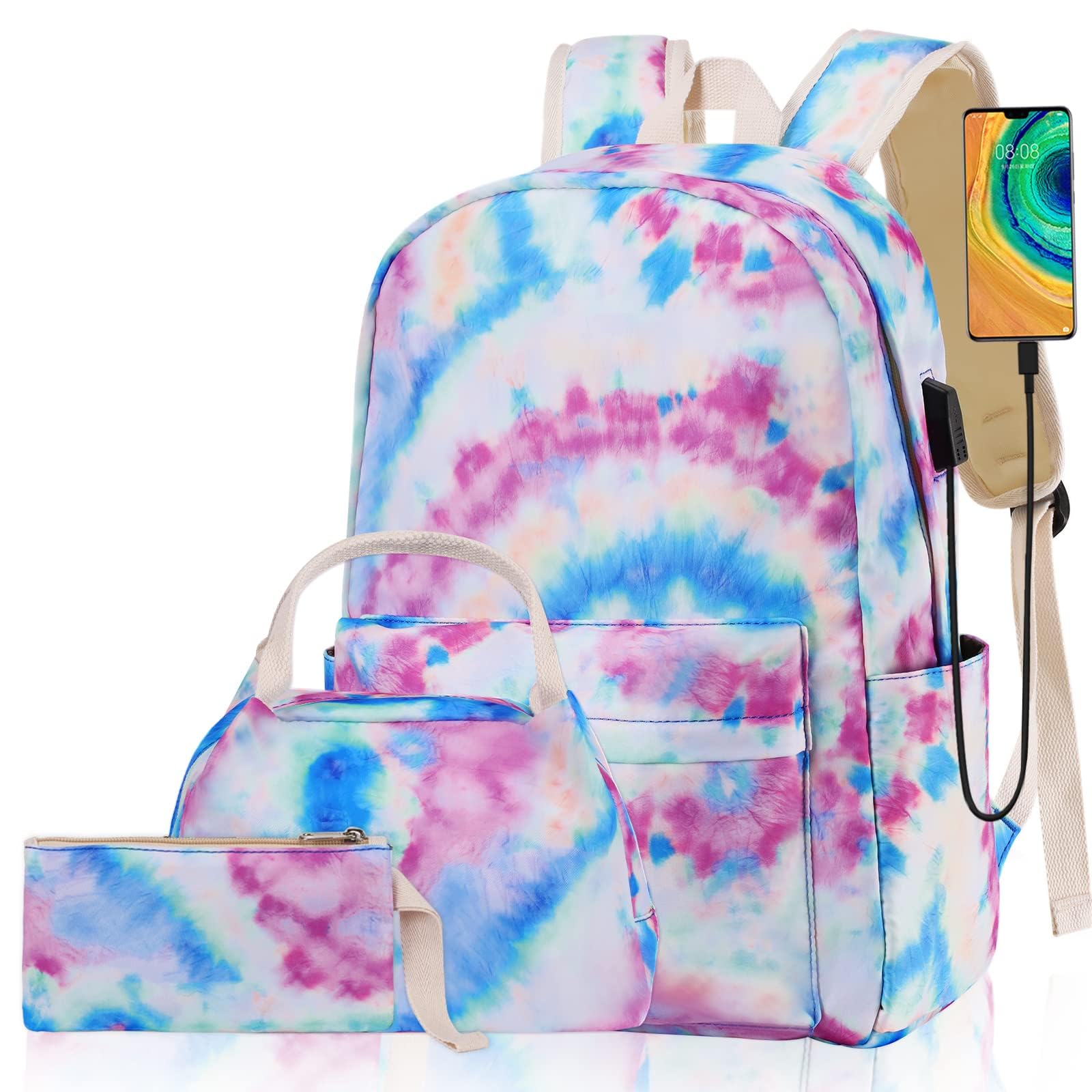 Woosir Kids Backpack for Girls School Backpacks Tie Dye Bookbags School Bags with USB Charger Port Teen Backpack age 8-12 Gift for Kids Girl