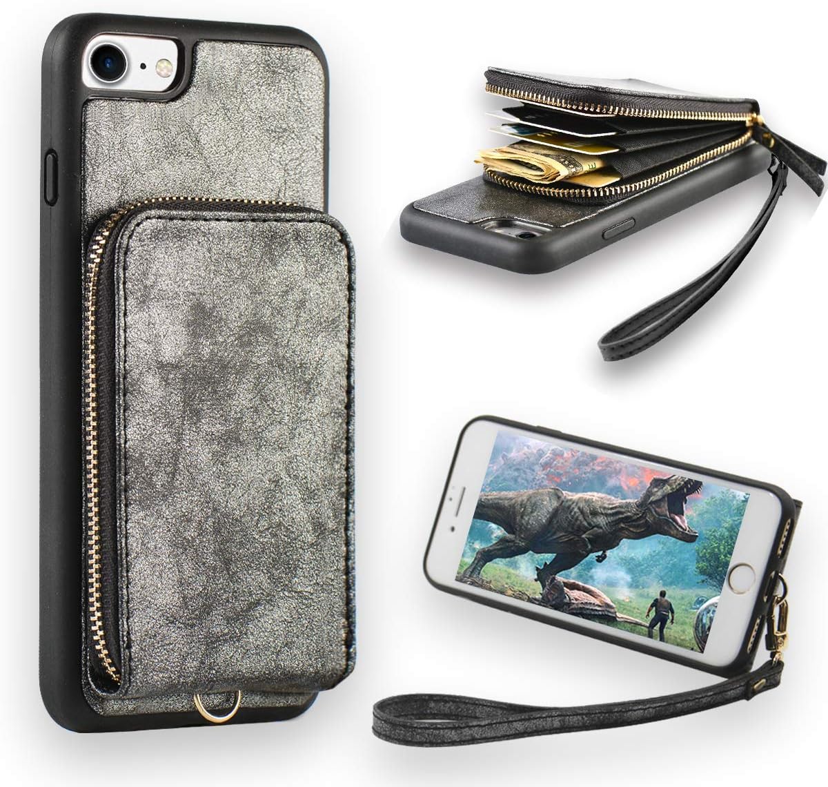 iPhone 8 Zipper Wallet Case, JLFCH iPhone 7 Wallet Case Leather Purse Handbag Case with Lanyard Card Holder Wrist Strap Zipper Closure Back Protective Cove for Apple iPhone 7/8,4.7 inch - Black