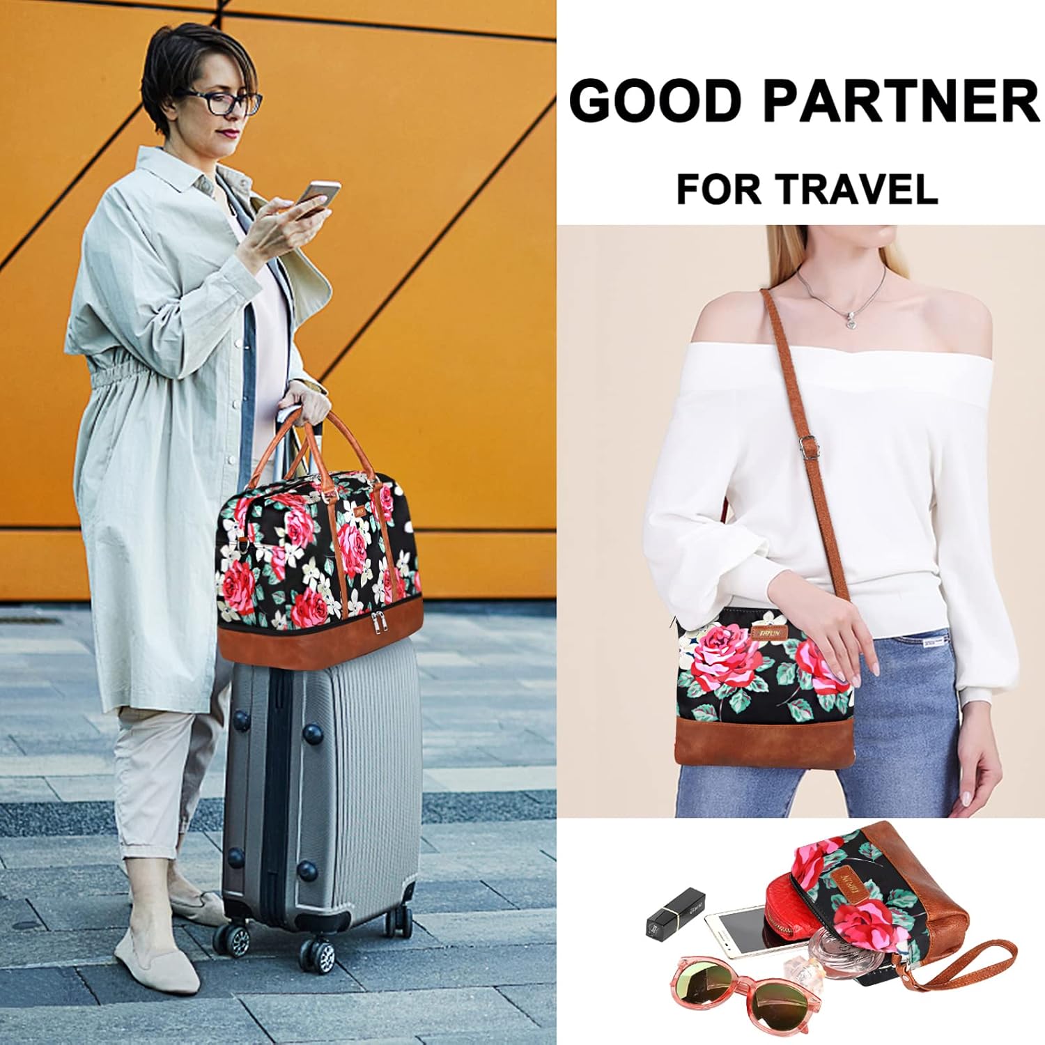 IBFUN Weekender Bags for Women, 21" Weekender Travel Bag, Travel Duffle Bag with Shoe Compartment Carry on Overnight Duffel Bag for Weekend Travel Business Trip, 3PCS - Image 3