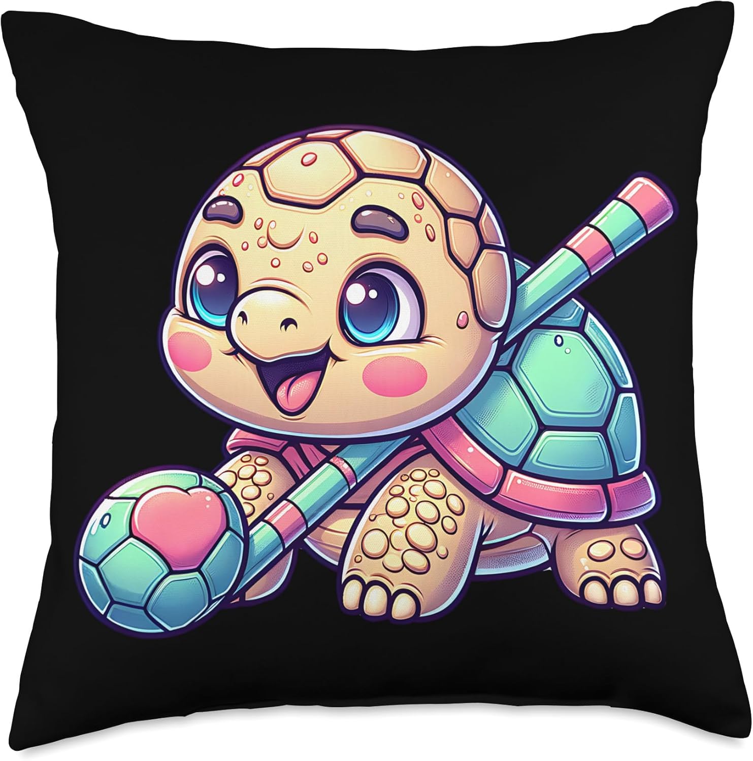 Cute Baby Turtle with Heart Soccer Ball Pastel Throw Pillow