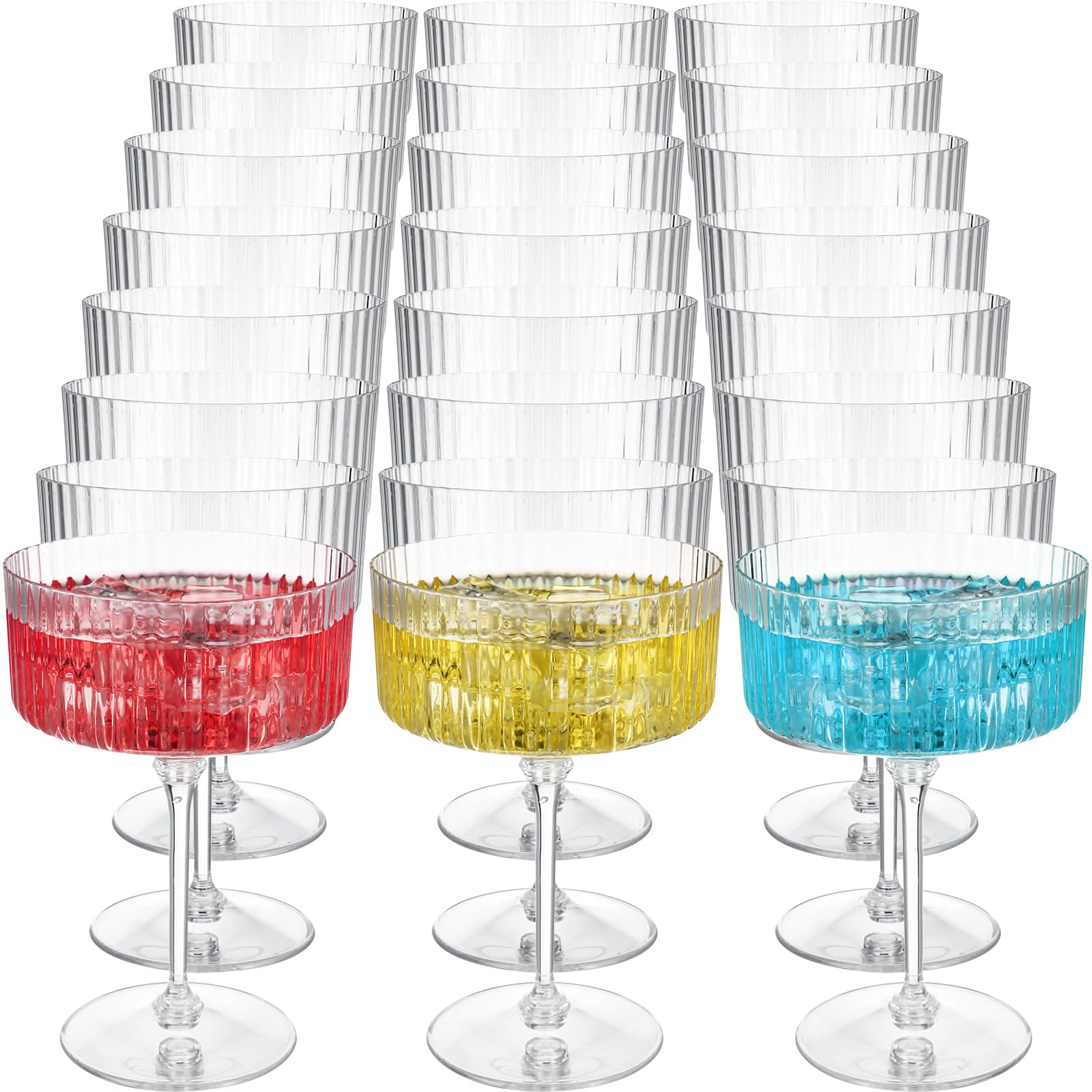 Jingmore 24 Pcs Clear Ribbed Martini Glasses 10 oz Disposable Plastic Vintage Ribbed Coupe Glasses Cocktail Unbreakable Dessert Parfait Glassware for Wedding Birthday Party Supplies