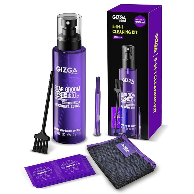 Gizga Pro Series 5-in-1 Cleaning KIT - 250ml Cleaning Spray, 10 Wet Wipes, 2 Brushes, Microfiber Cloth | Screen Cleaner for Laptop, PC, Binocular, TV, Camera Lens, Smartphone, Tablet, Keyboard