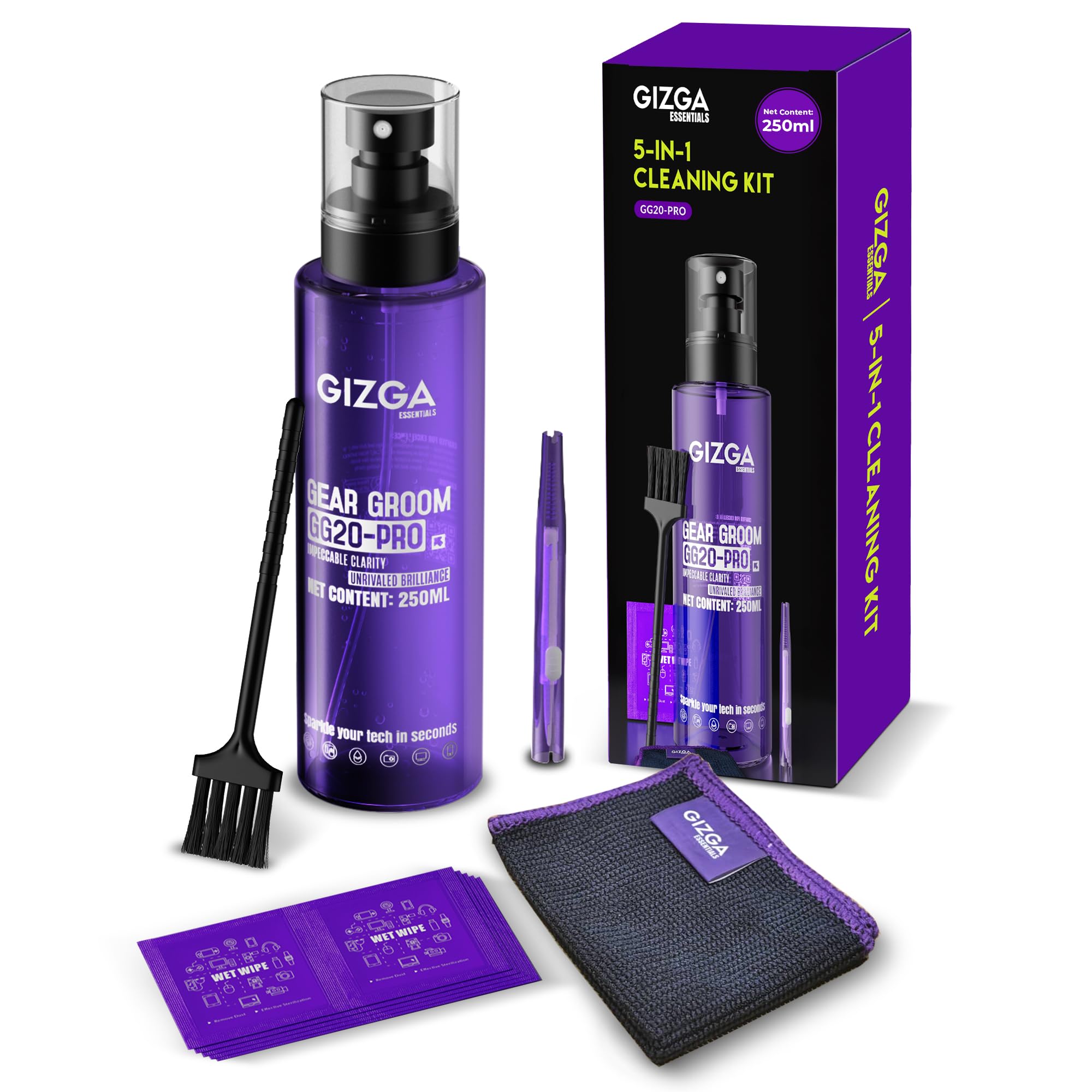 Gizga Essentials Professional Cleaning Kit for Mobile, Laptops, Cameras and Sensitive Electronics (Includes: Plush Micro-Fiber Cloth, 170ML Antibacterial Cleaning Solution)