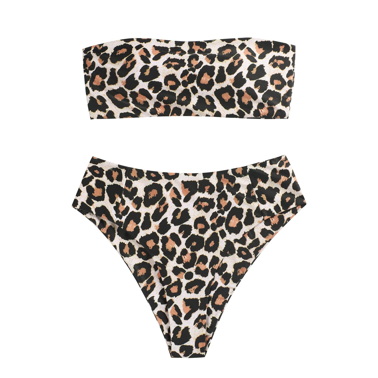 ZAFUL Women's High Cut Bandeau Bikini Set Strapless Leopard Print 2 Pieces Bathing Suit Swimsuit Fluorescent(3-Leopard, M)