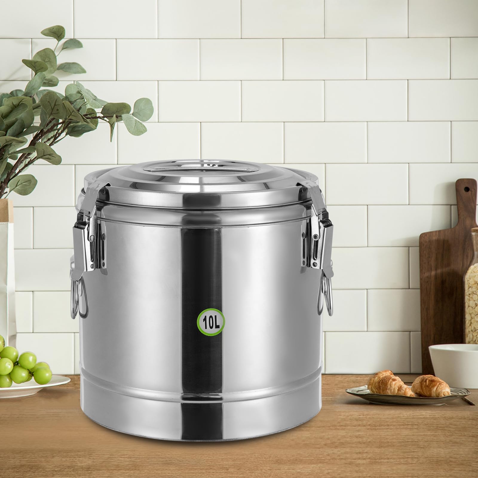 Recipiente térmico de acero inoxidable, 10 L, aislado | Thermobox - Recipiente para alimentos con tapa y asas, 12 horas de calor y frío, para restaurantes, comedores, color plateado