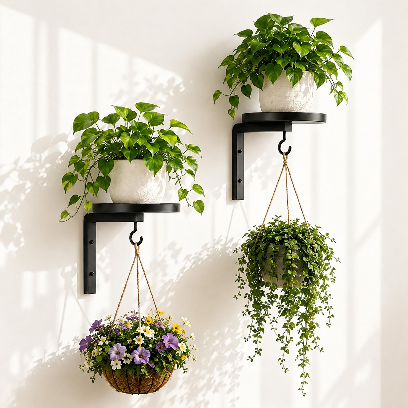 Support mural pour plante en métal : lot de 2 étagères avec plateau rond et crochet