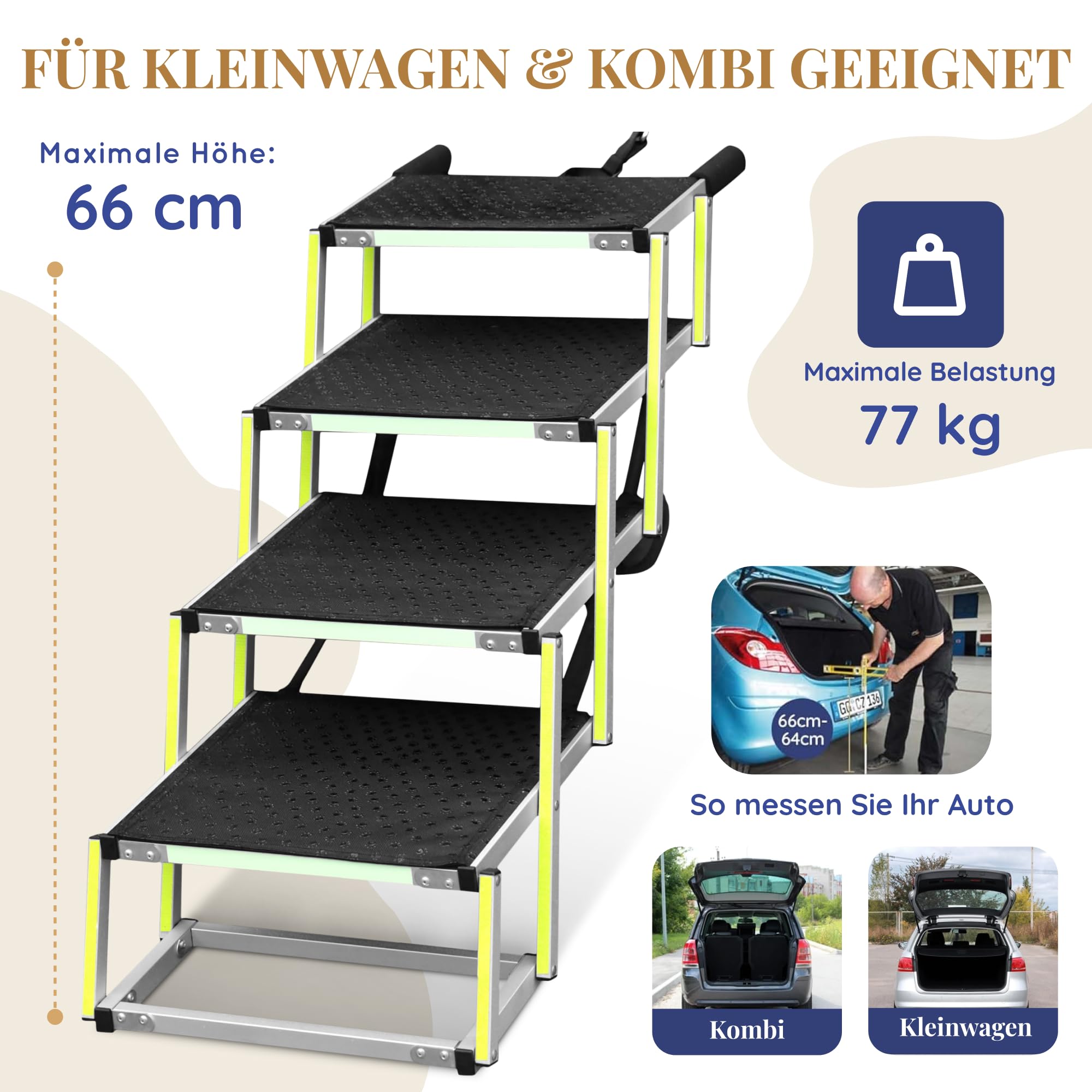 Hundetreppe Auto Klappbar - Hundetreppe Große Hunde - Leuchtende Leitmarkierung - Gelenkschonende Einstiegshilfe Auto Hund - Hundeleiter Faltbar mit Anti-rutsch Einsatz - 77kg Tragkraft - 4 Stufen