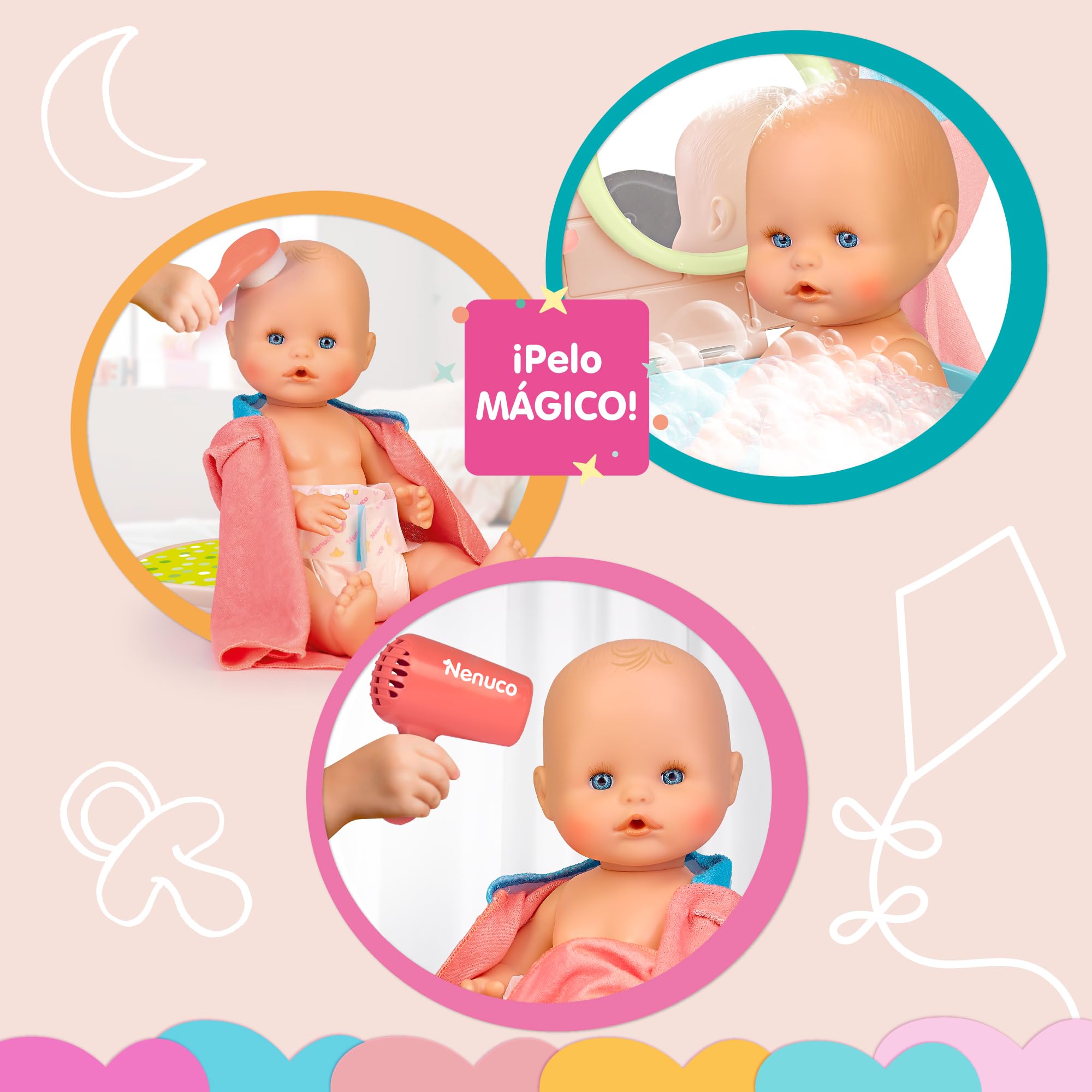 Nenuco Lalka do kąpieli z bąbelkami, 35 cm ze sztywnym ciałem i magicznymi włosami, z akcesoriami 2 w 1: wanna i przewijak, pije i siusiu, +3 lata, znana (NFNA0000)