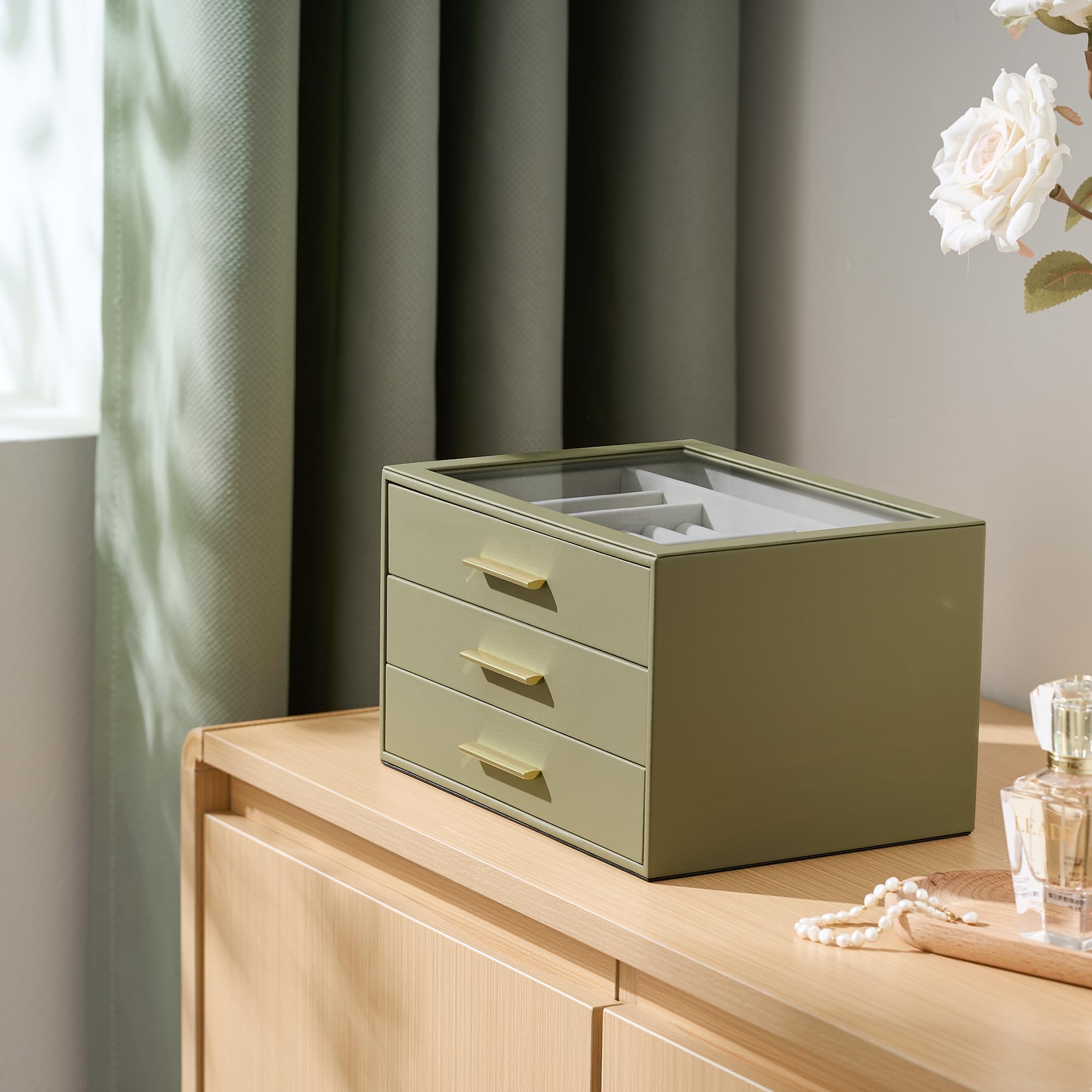 Boîte à bijoux de rangement, 3 couches avec fenêtre en verre, vert