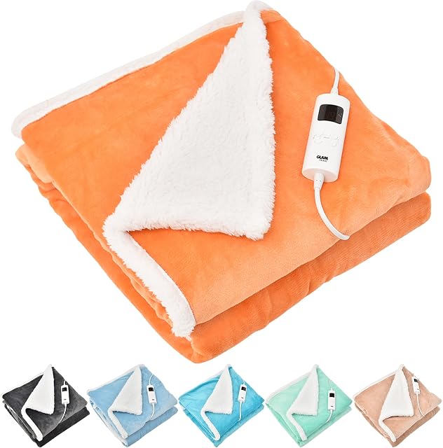 GlamHaus Heated Throw Electric Fleece Over Blanket Sofa Bed Large 160 X 130cm - 9 Heat and 9 Timer Auto Shut Off - Soft Reversible Design - Digital Control - Machine Washable (Tangerine)