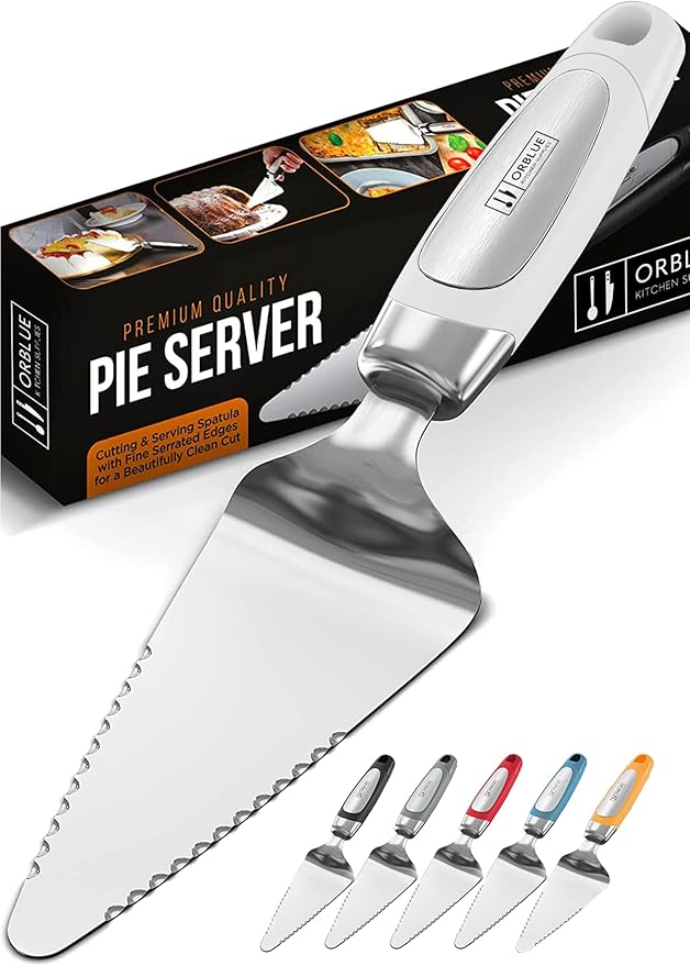 Orblue Pie Server, Essential Kitchen Tool, Serrated on Both Sides, Great for Right or Left Handed Chef, Stainless Steel Flatware, Cake Cutter, Blue