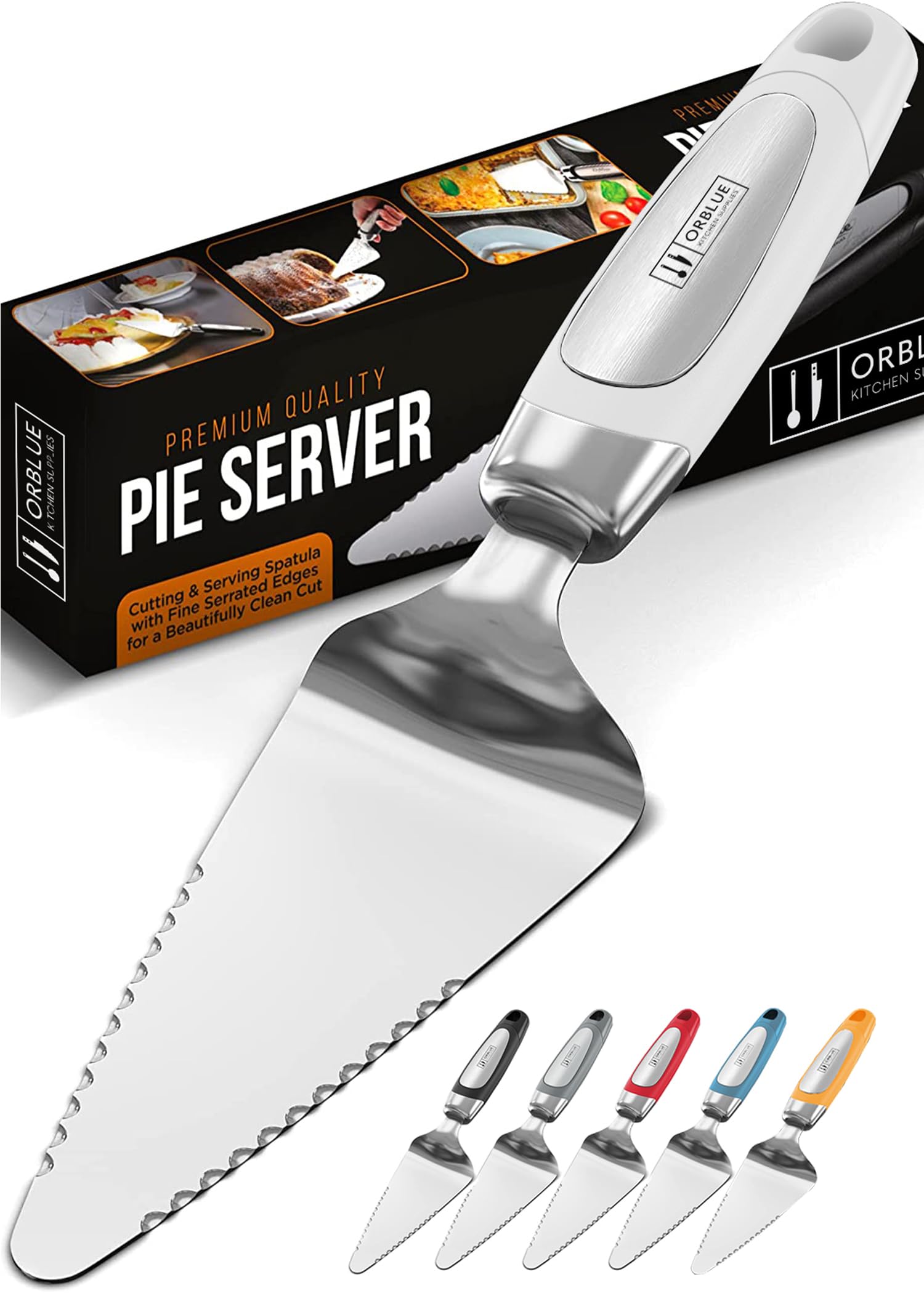 Orblue Pie Server, Essential Kitchen Tool, Serrated on Both Sides, Great for Right or Left Handed Chef, Stainless Steel Flatware , Cake Cutter,White