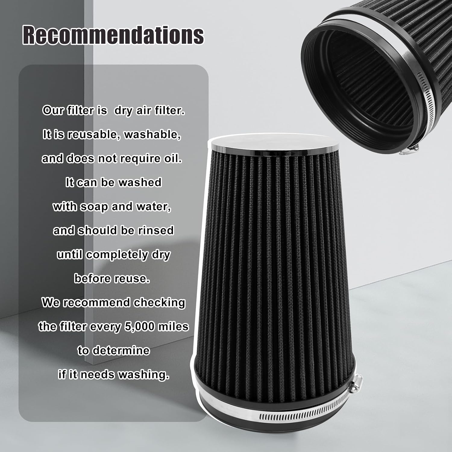 RYANSTAR 152mm 6" High Flow Round Tapered Cone Closed-Top Washable Clamp-On Dry Air Filter Long 265mm tall Black