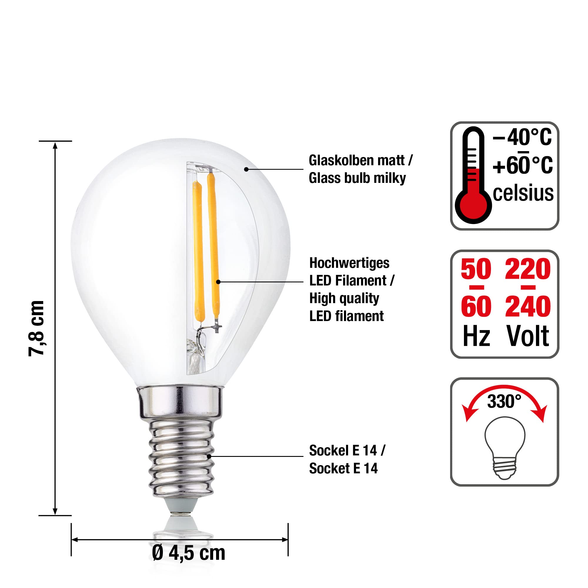hellum 208214 - Bombilla LED (casquillo E14, G45, 4,5 W, repuesto para bombilla de 40 W, E14, luz blanca cálida, 2700 K, 470 lúmenes, filamento mate, 10 unidades)