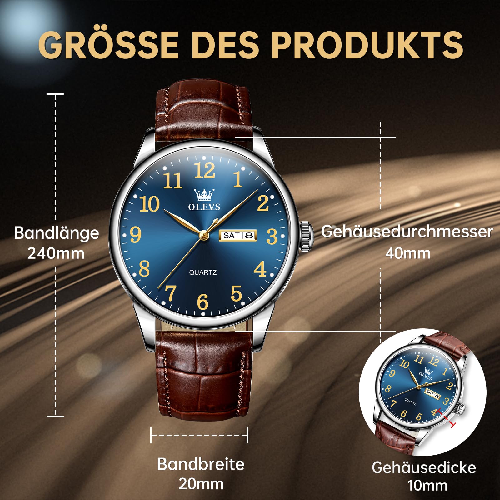 OLEVS Lederuhr für Herren, Edelstahl Analog Quarz Uhr, Klassisches Geschäfts-Kleid Uhr, Wasserdicht Leuchtend Tag Datum Armbanduhr