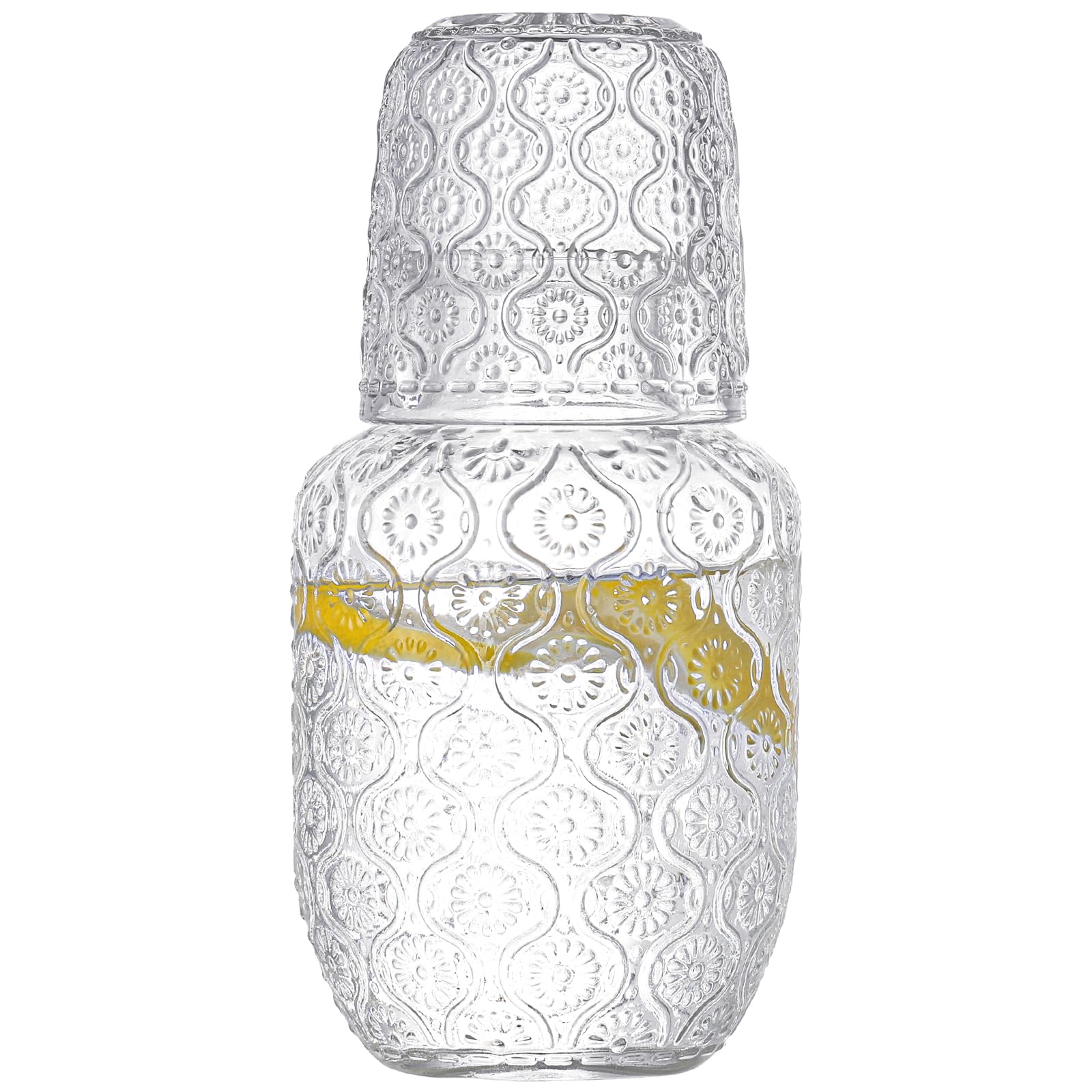 Chase Chic Bedside Water Carafe and Glass Set, 20oz Pitcher and 5.4 Oz Cup, Glass Jug with Tumbler for Bedroom, Kitchen - Crabapple Pattern