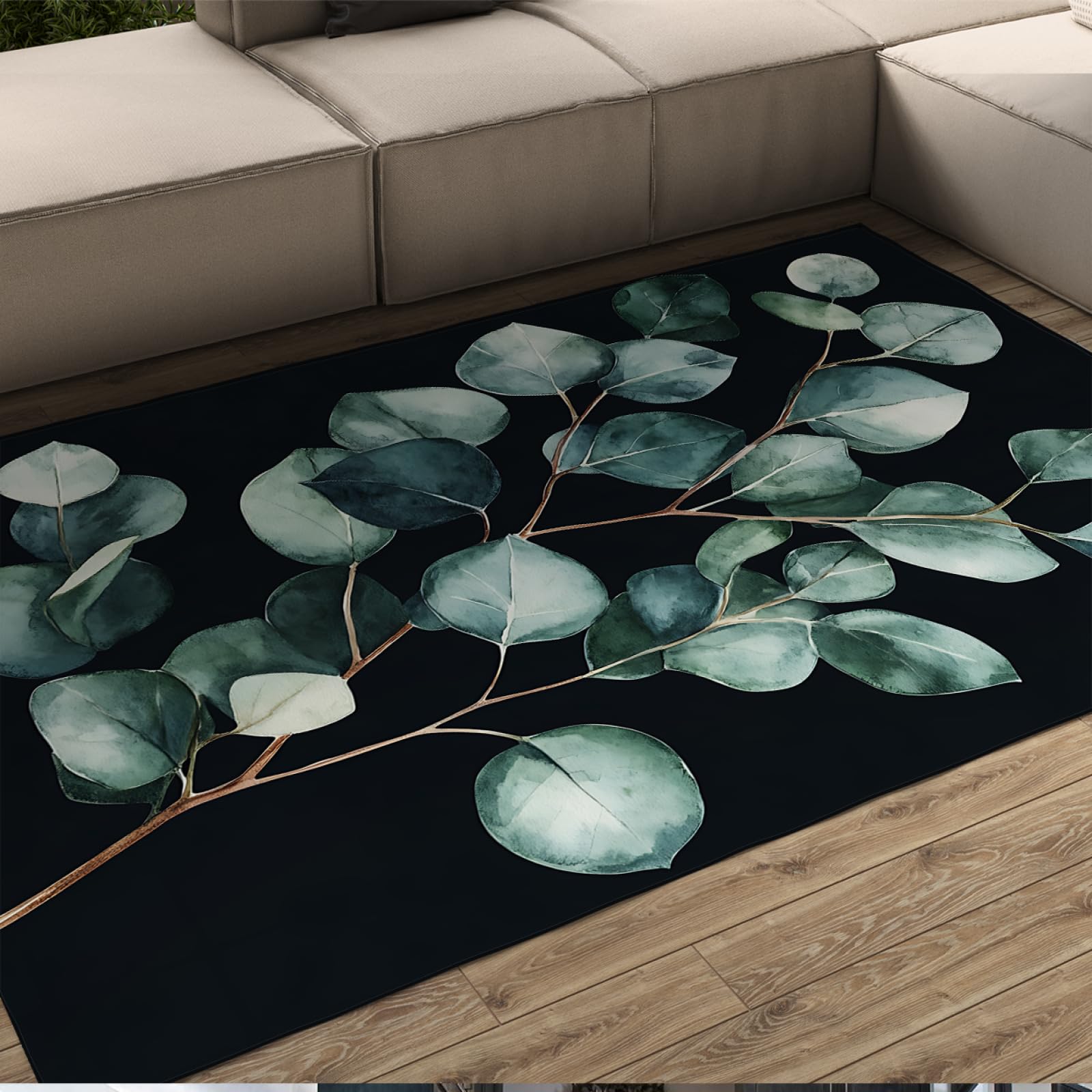 Dywaniki z zielonymi liśćmi 120 x 170 cm wzór świeżych gałęzi czarne zmywalne dywany do salonu miękki wygodny antypoślizgowy dywan do sypialni