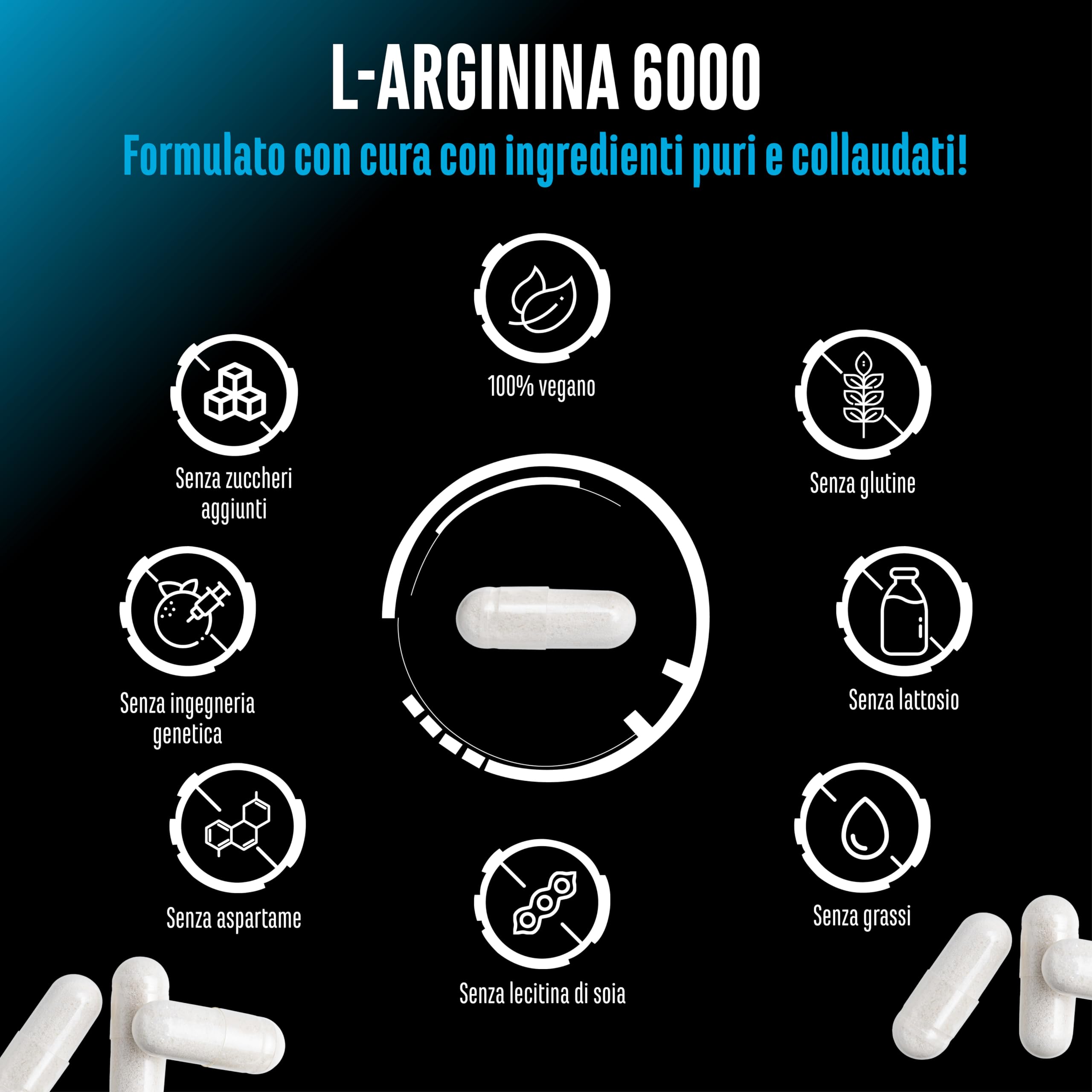 L-Arginin – 380 capsule vegane – 6000 mg di L-arginina HCL per porzione giornaliera con 4980 mg di arginina pura – Amminoacido ad alto dosaggio di origine vegetale