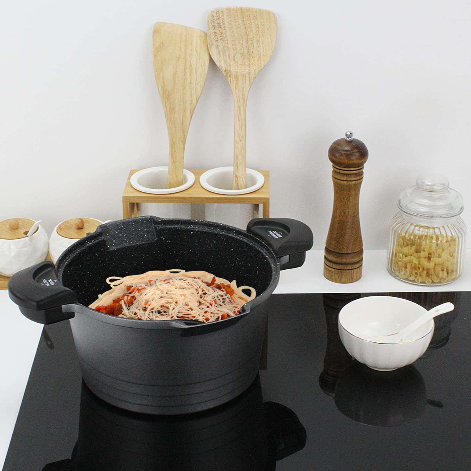 ROSSETTO Olla para pasta de 24 cm, con tapa bloqueable, 4,5 L, con tapa de cristal, revestimiento antiadherente, fácil de limpiar, cocina sana